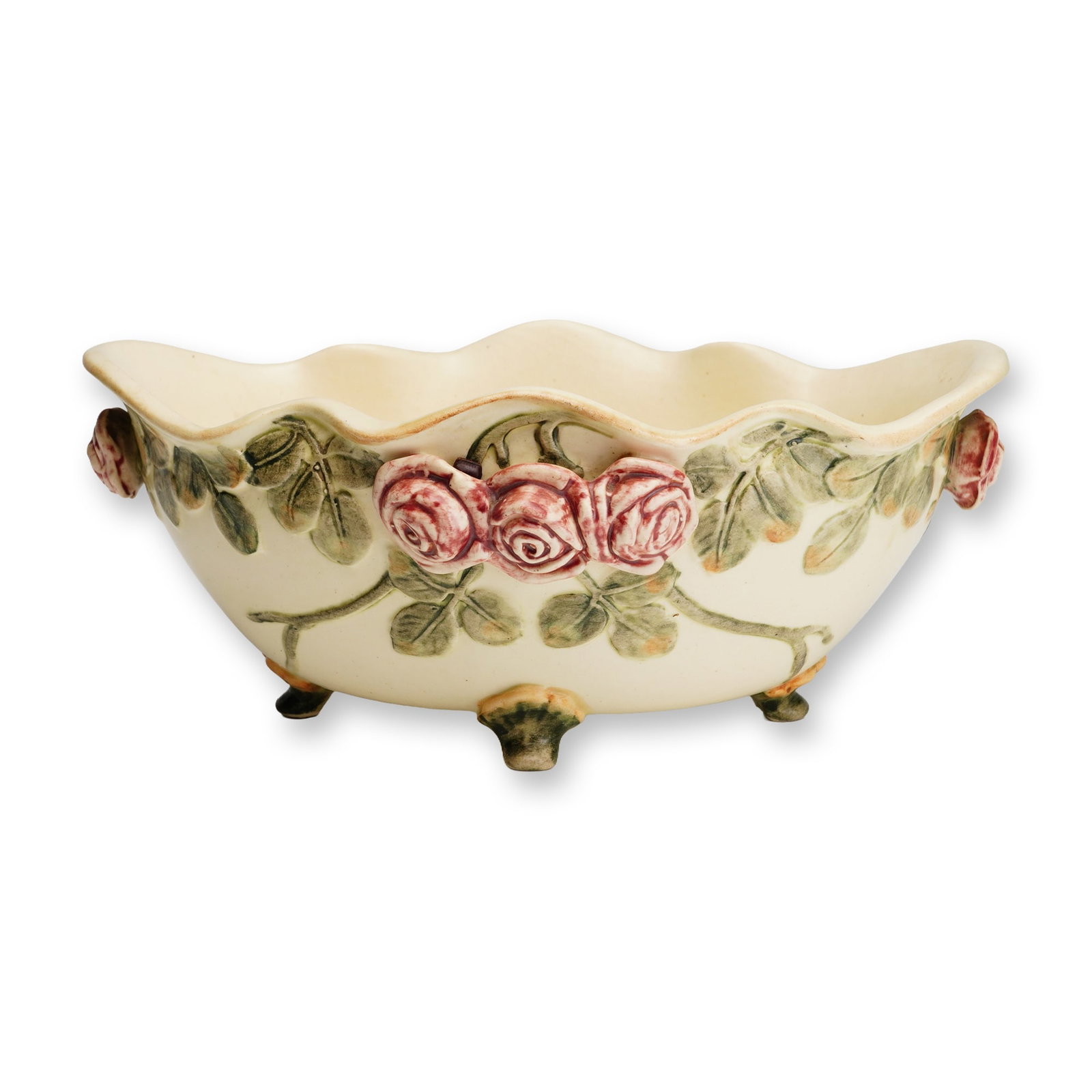Weller Pottery Footed Console Bowl, Roma: A footed ceramic console bowl or jardiniere produced by Weller Pottery of Zanesville, Ohio, in the Roma pattern. This early 20th-century vessel features high-relief molded decoration of blooming rose 