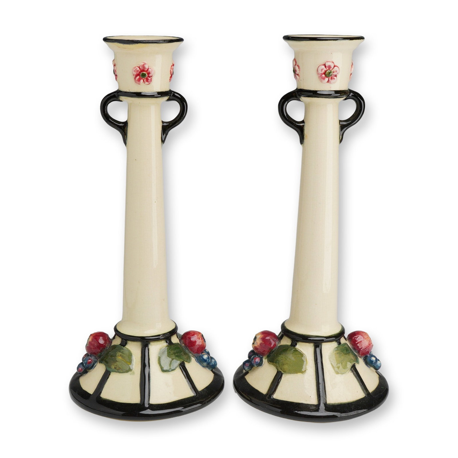 Pair of Weller Pottery Creamware Fruit Candleholders, Noval (1 of 3)