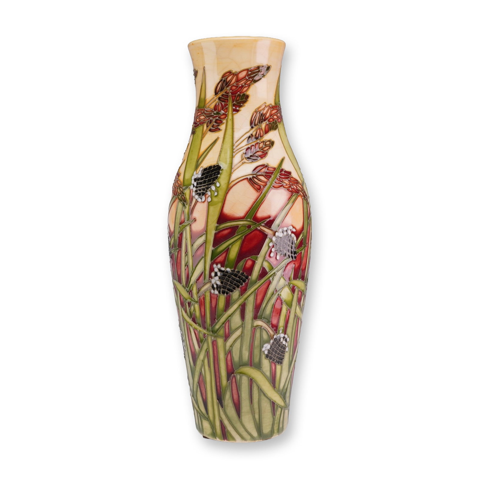Moorcroft Pottery by Emma Bossons Limited Edition Vase, Savannah 2001: A Moorcroft earthenware vase in the Savannah pattern, designed by Emma Bossons. This limited edition piece, numbered 275 of 500, features an elongated baluster form with a flared rim and a slightly wa