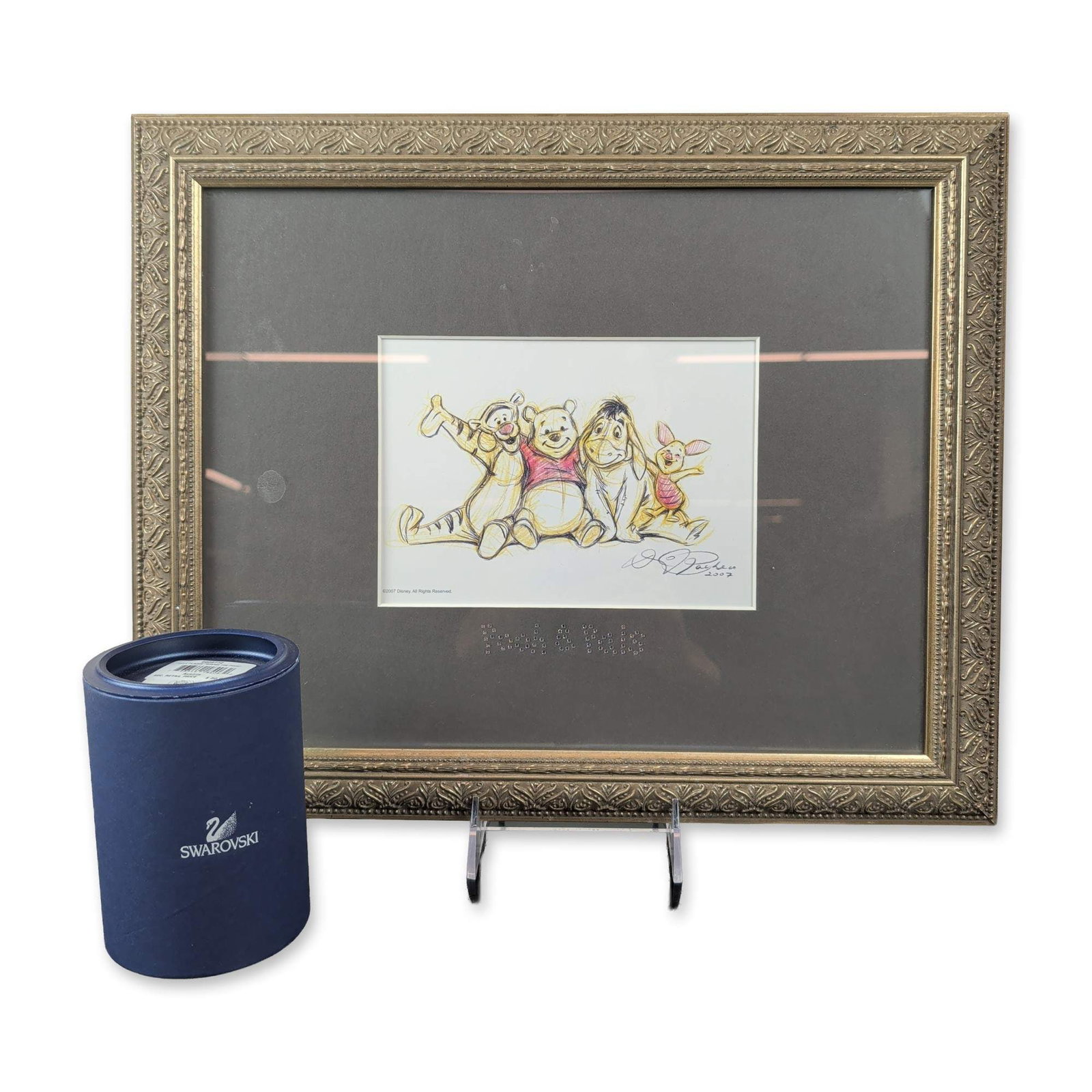 2 pc Swarovski Disney Pooh and Pals Special Edition Lithograph and Crystal Plaque: Swarovski special edition color lithograph on paper titled Pooh & Pals by Dave Pacheco. The artwork depicts Winnie the Pooh, Tigger, Eeyore, and Piglet in an expressive sketch style, signed in the pla