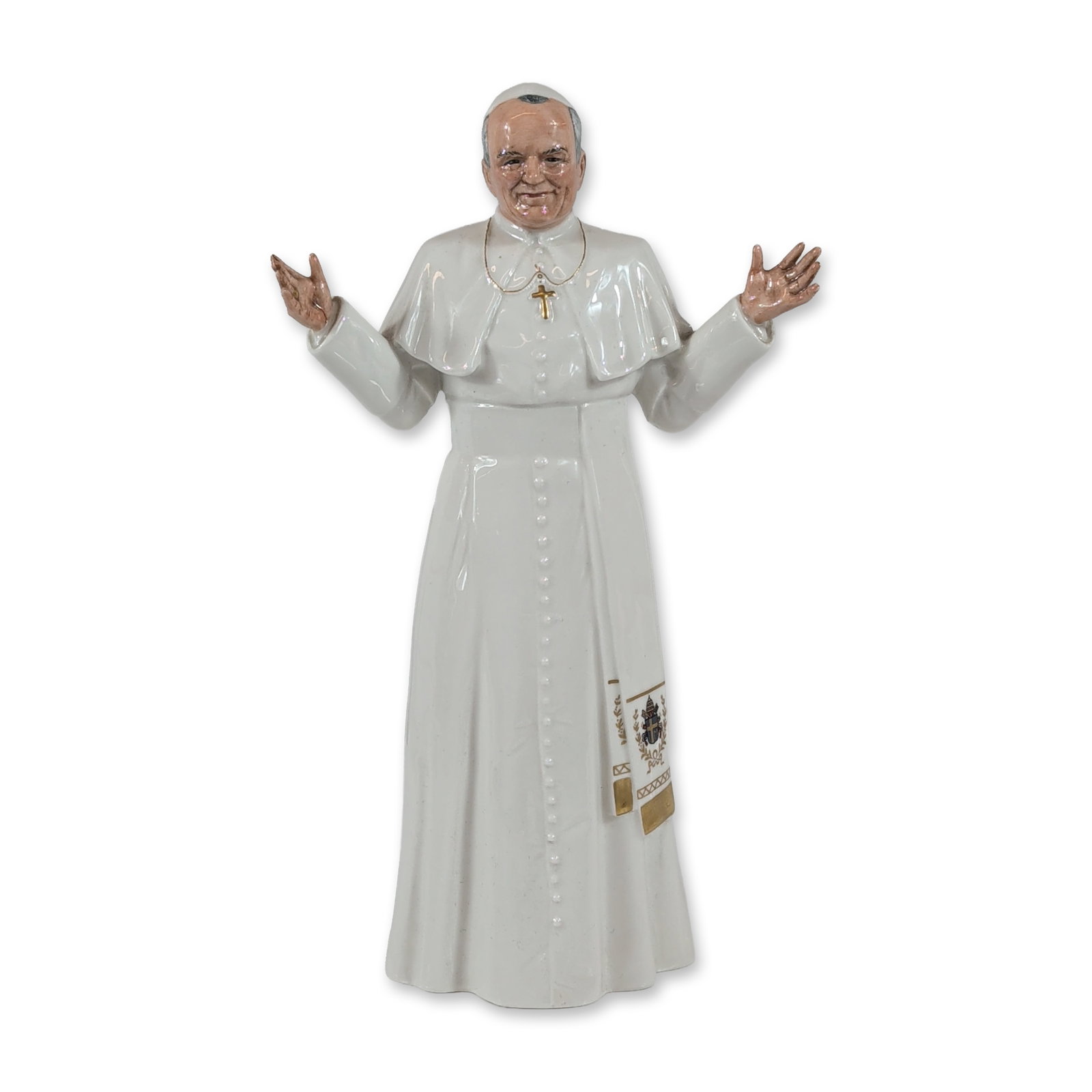 Royal Doulton Pope John Paul II Figurine HN2888: Royal Doulton. Porcelain figurine, model HN 2888, titled His Holiness Pope John Paul II. The figure is depicted in a traditional white cassock, pellegrina, and zucchetto, featuring a pectoral cross an