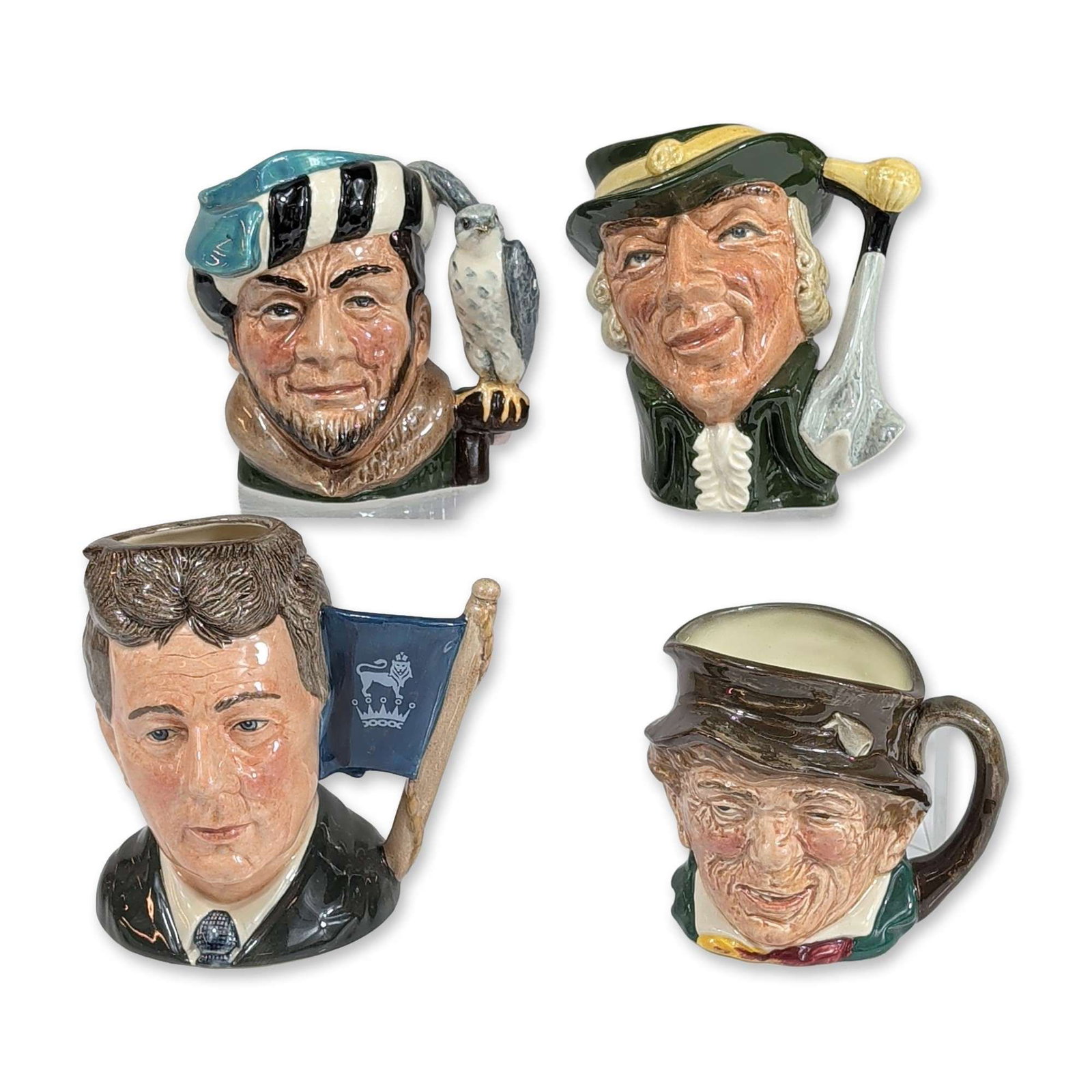 4pc Royal Doulton Character Jugs: Royal Doulton character jugs, collection of four glazed ceramic examples from the English pottery. Michael Doulton signature edition hand-signed in gold ink. All pieces feature hand-painted details un