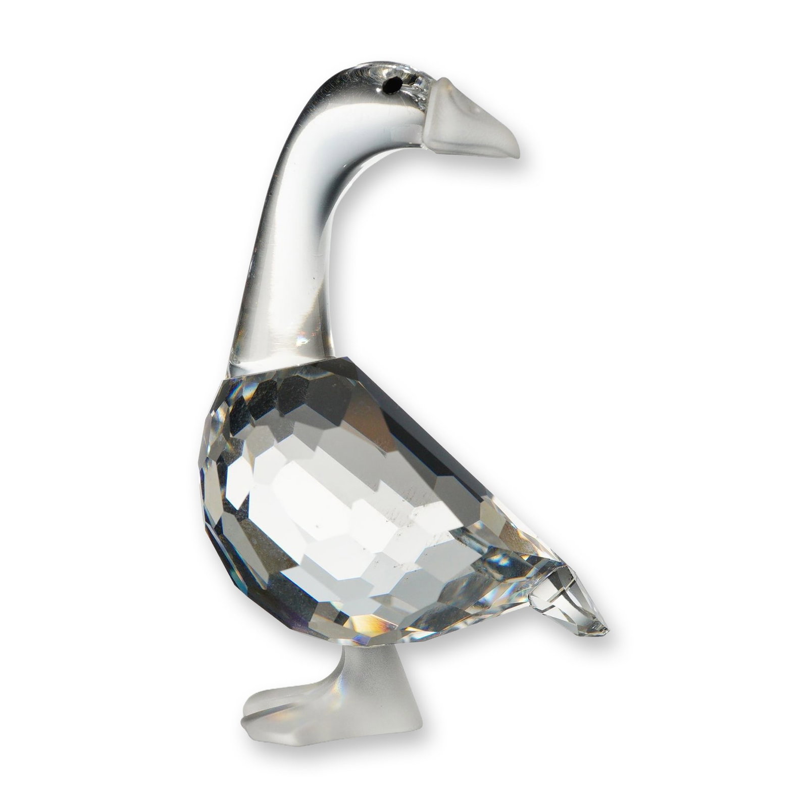 Swarovski Silver Crystal Figurine, Gosling Dick: The figurine features a faceted clear lead crystal body with a smooth neck and head, finished with inset black bead eyes and a frosted crystal bill and webbed feet base. Acid-etched Swarovski swan log