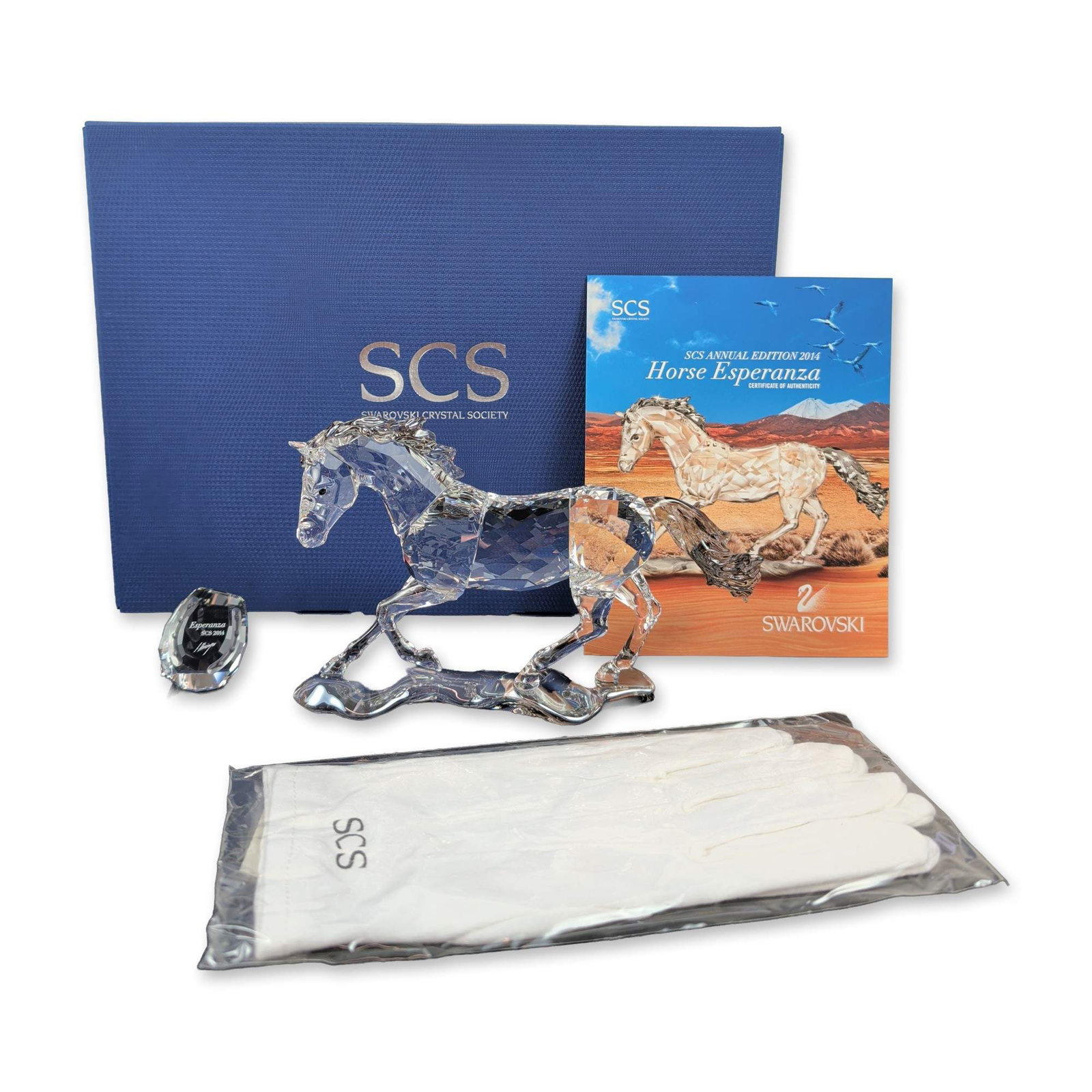 Swarovski SCS 2014 Annual Edition Figurine, Esperanza Horse with Horseshoe Plaque: Swarovski Crystal Society (SCS) 2014 Annual Edition Esperanza horse figurine. Designed by Anton Hirzinger, the piece is crafted in multifaceted clear lead crystal depicting a galloping horse with dark