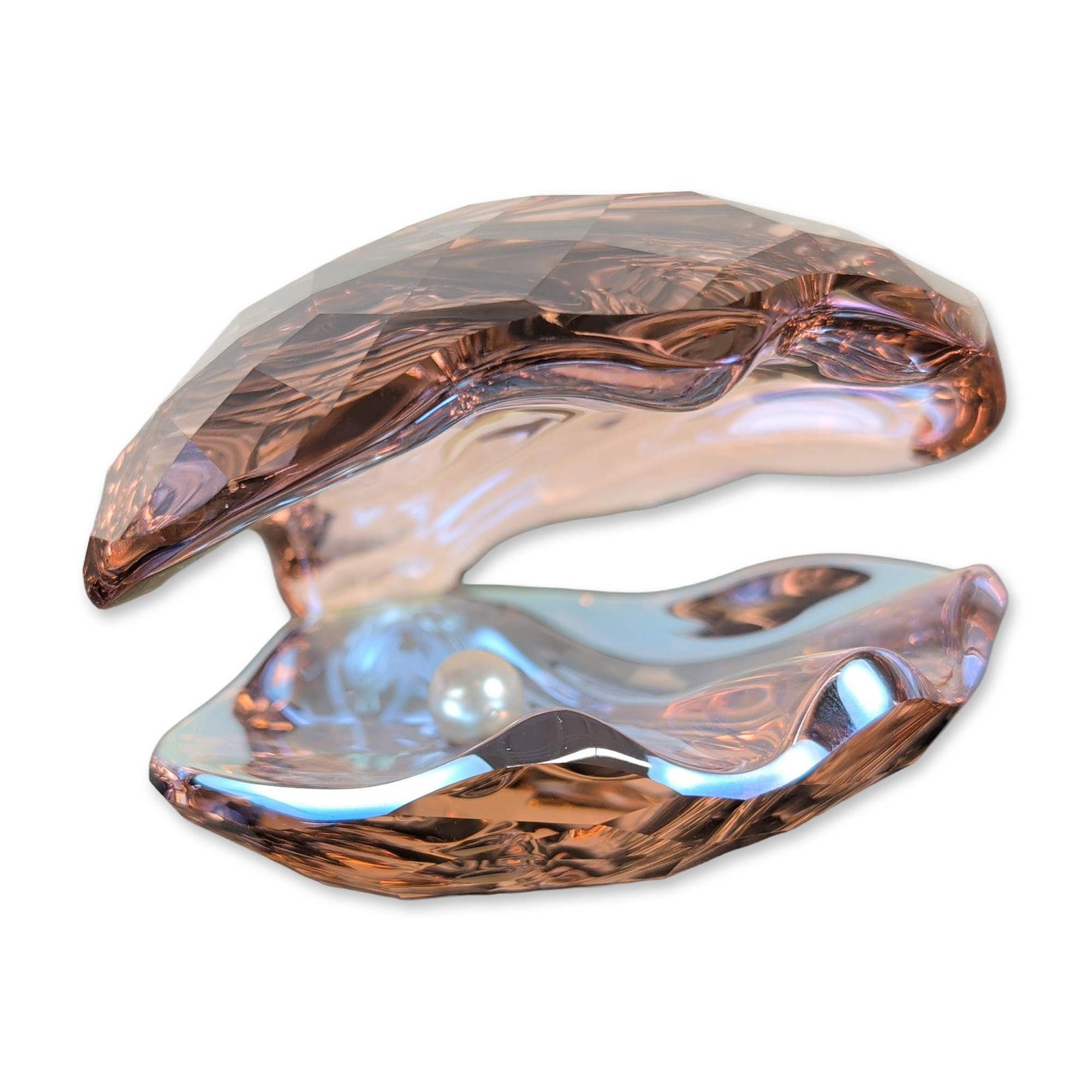 Swarovski Figurine Faceted Rose Crystal Pearl Oyster: Faceted crystal figurine in a rose tint, modeled as an open oyster shell with smooth interior valves and a central white faux pearl. The piece is constructed from two joined components with multi-face
