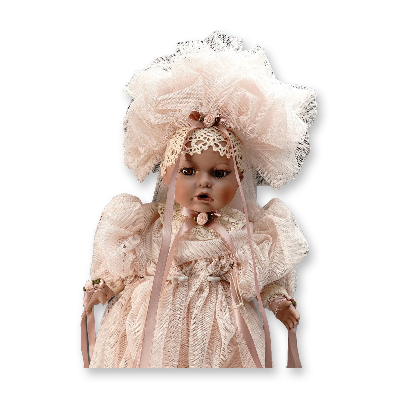 2pc Porcelain Dolls, Seymour Mann Akia & Elaine's Collectibles Victorian: This pair of collectible dolls includes a Seymour Mann Signature Series Collection doll named Akia, dressed in a black lace-trimmed ensemble with matching shoes and beaded jewelry. She is marked on th