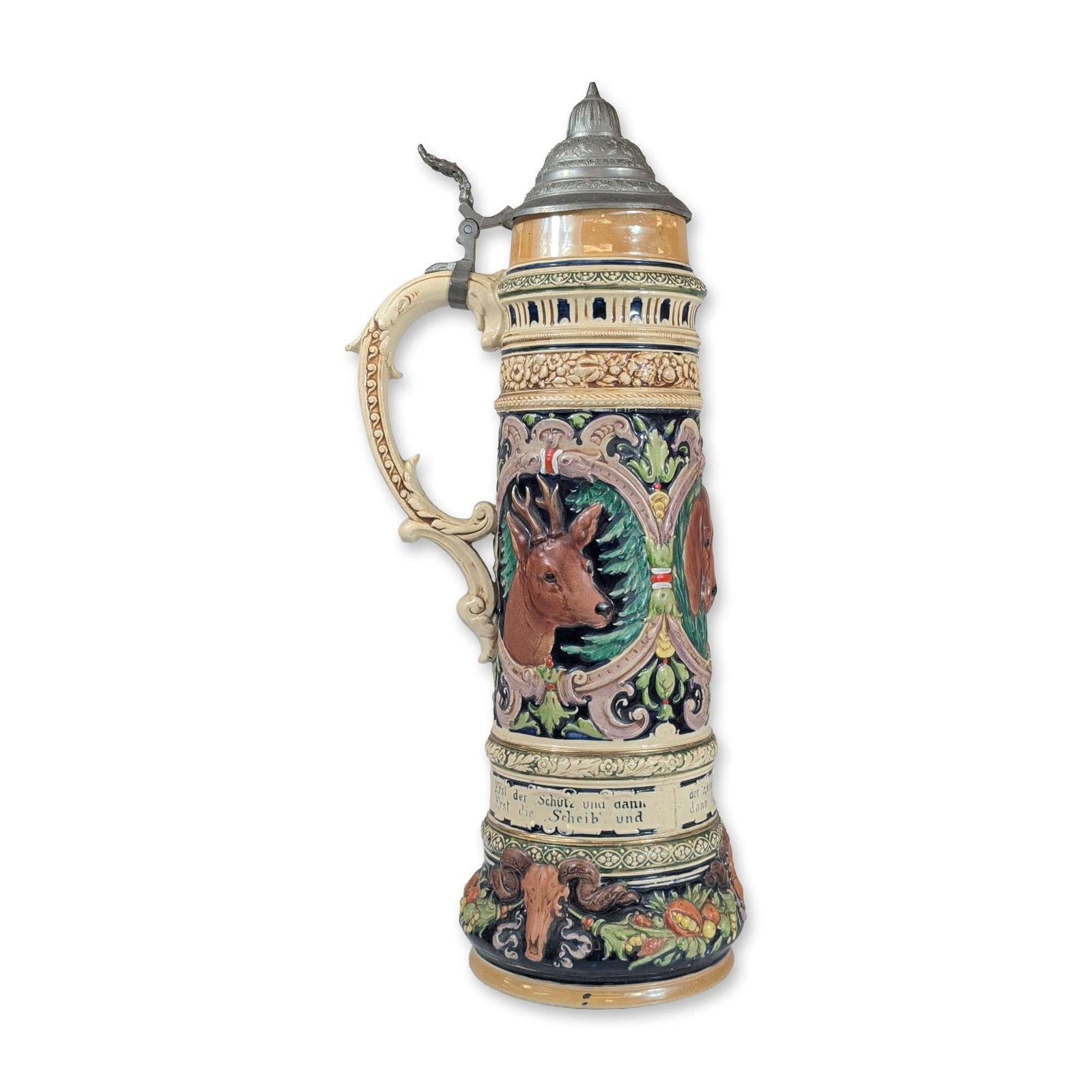 German Renaissance Hunting Motif Lidded Stein: Late 19th to early 20th century German Renaissance Revival lidded beer stein in relief-molded stoneware. The central body features three medallions depicting a hunting dog and stags within forest sett