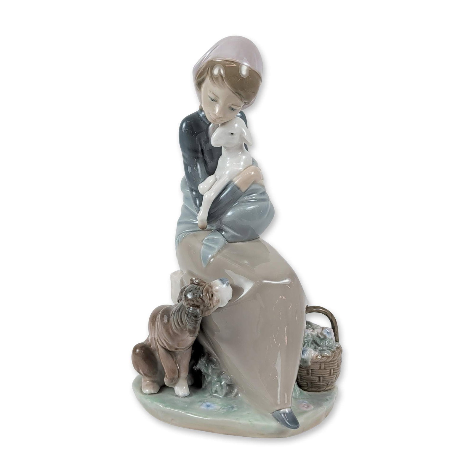Lladro Porcelain Figurine, Jealousy / Devotion 1001278: Model number 1278 features a young girl seated with a lavender headscarf, gently holding a white kitten in her lap while a brown and white dog sits by her side. Behind her, on the base, rests a small 