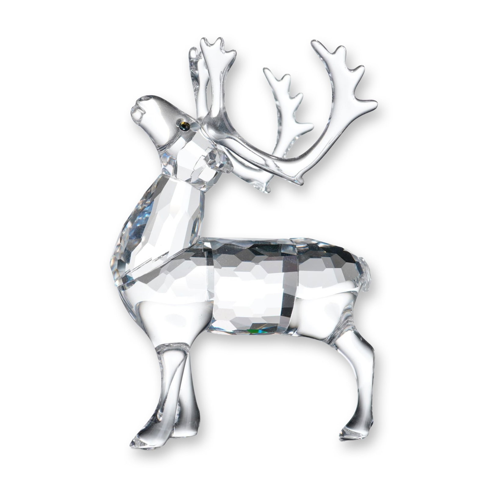 Swarovski Silver Crystal Figurine, Reindeer: Swarovski Silver Crystal collection reindeer figurine in faceted lead crystal, depicted in a standing pose with head tilted upward. The piece features a multi-faceted torso with smooth, molded crystal