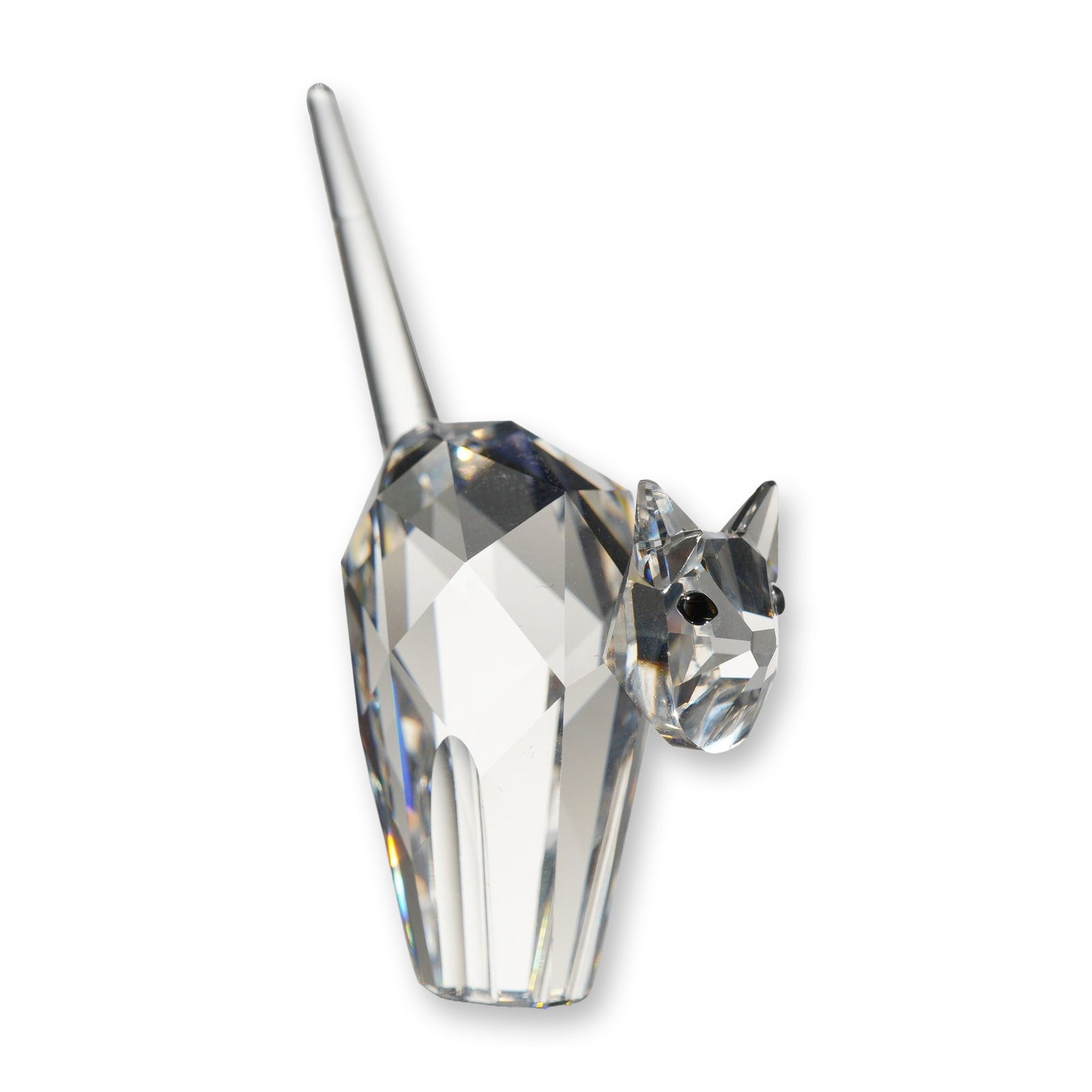 Swarovski Crystal Tomcat Figurine with Box: Swarovski Silver Crystal Tomcat figurine, depicting a standing cat with an arched back, turned head, and an upright tail. Crafted in faceted clear lead crystal with crystal bead eyes. Acid-etched swan
