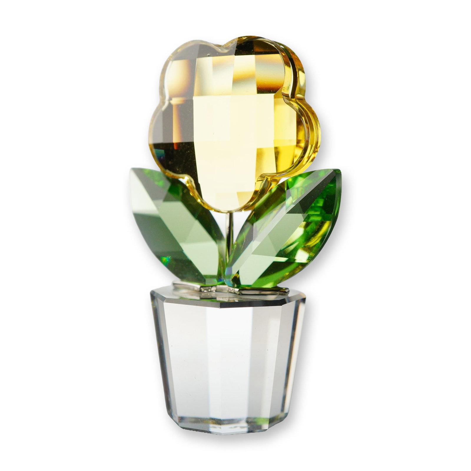 Swarovski Crystal Flower Figurine, Yellow Flower: Swarovski faceted lead crystal figurine from the Happy Flower collection, depicting a yellow tulip in a clear crystal pot. The piece is composed of a yellow-amber faceted blossom and two green faceted