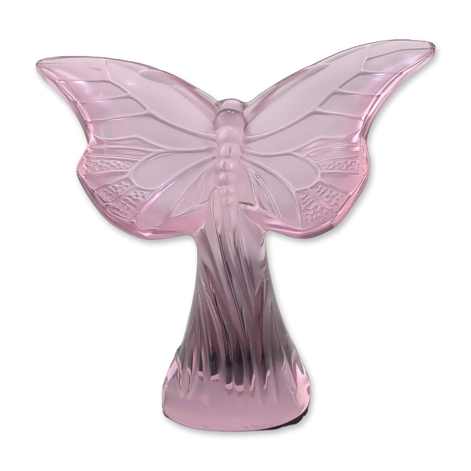 Lalique France Rosee Pink Crystal Butterfly Figurine: Lalique. Butterfly figurine in Rosee pink lead crystal, featuring a stylized papillon form with outstretched wings and molded textural veining. Etched signature to the base reads Lalique France follow