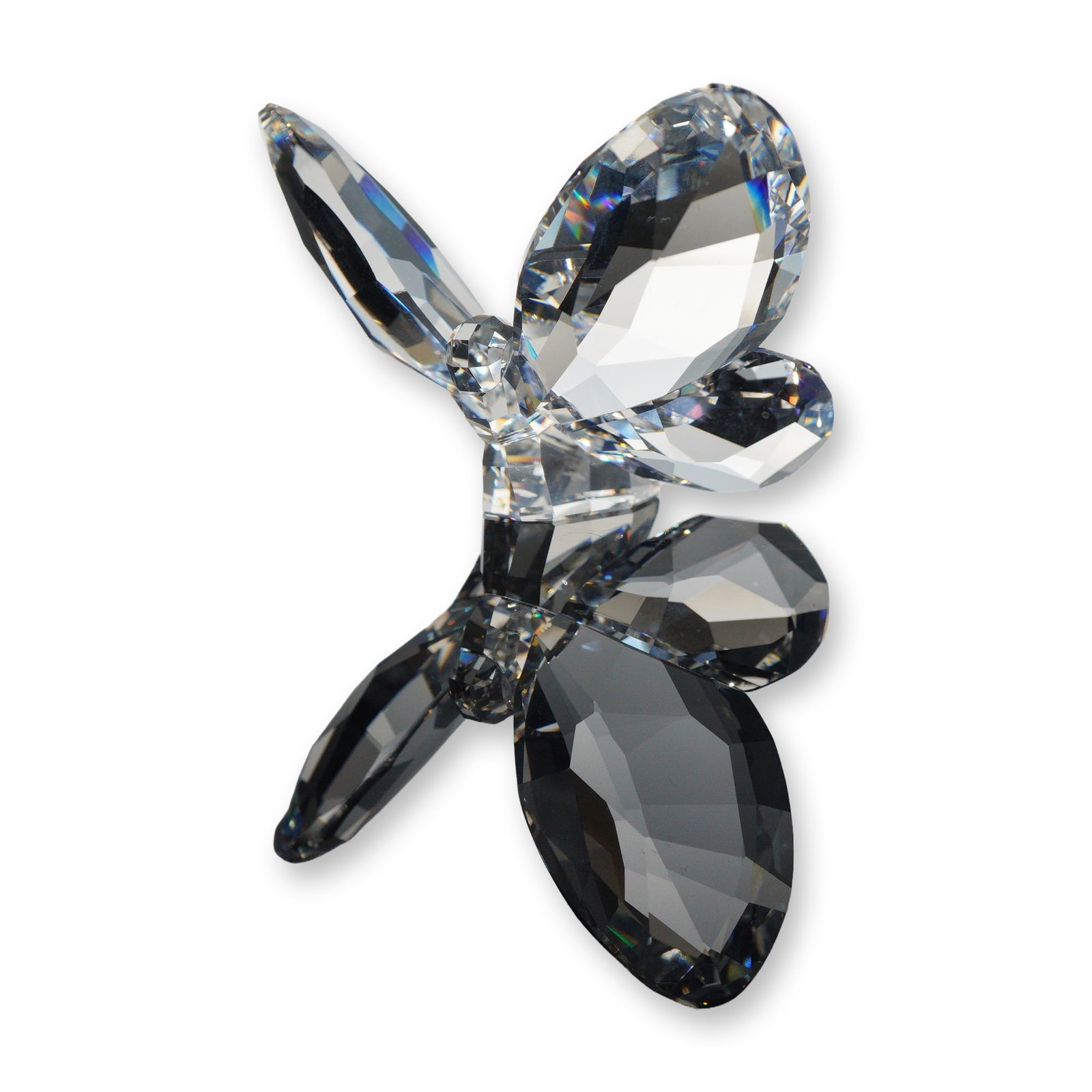Swarovski Crystal Figurine, Brilliant Butterfly: Large butterfly figurine in faceted clear lead crystal, featuring outstretched wings and a segmented body mounted on an integral crystal base. Includes the original blue Swarovski cardboard presentati