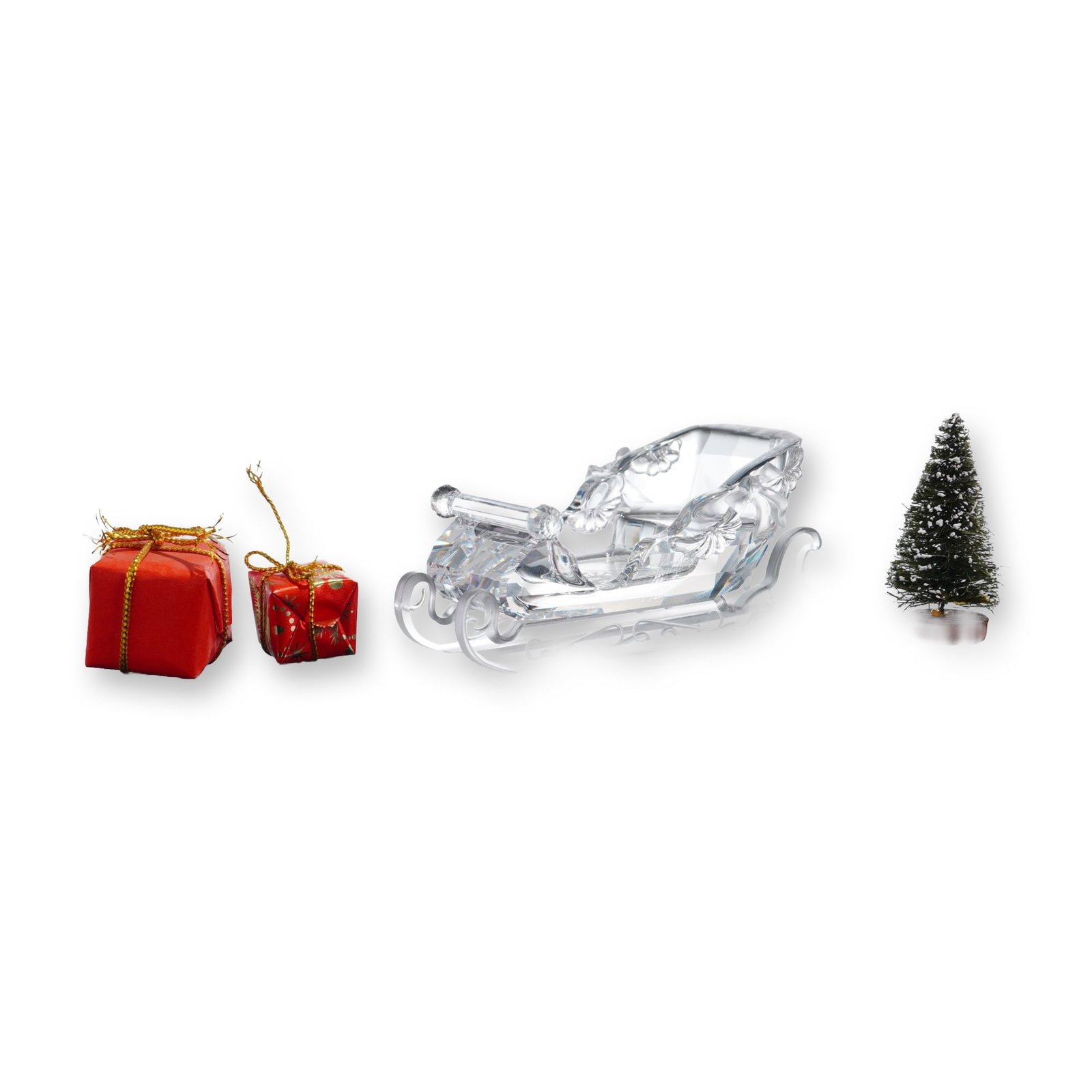 Swarovski Martin Zendron Signed Silver Crystal Sleigh with Accessories: Swarovski Austrian holiday sleigh figurine designed by Martin Zendron. Features a faceted clear lead crystal carriage body resting on satin-finished frosted crystal runners with scrollwork details. Ac