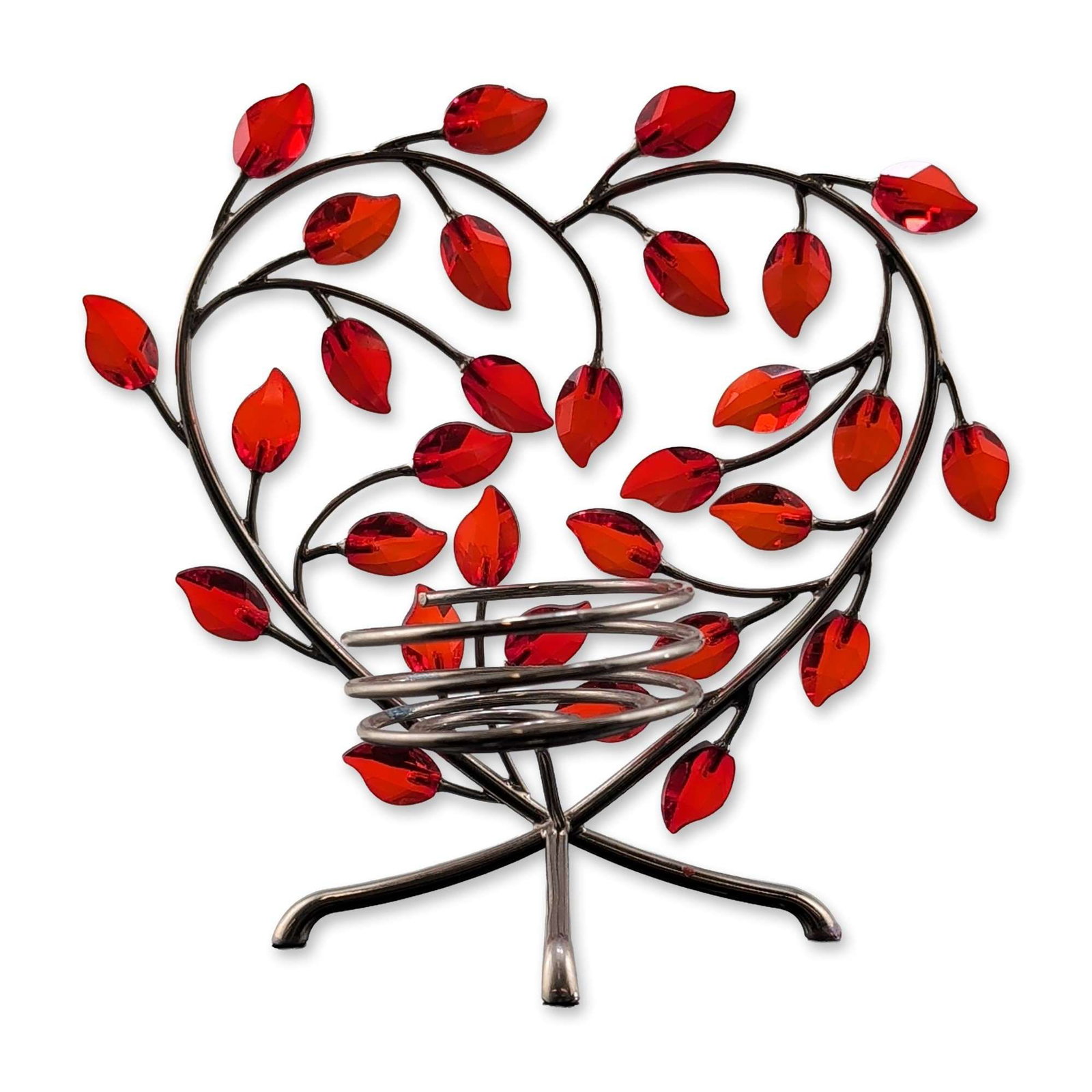 Swarovski Red Crystal Leaves Heart Candle Holder: Swarovski. Contemporary decorative candle holder in silver-toned metal, featuring a stylized heart-shaped motif. The wireframe structure is accented with faceted ruby-red crystal leaves. Design includ