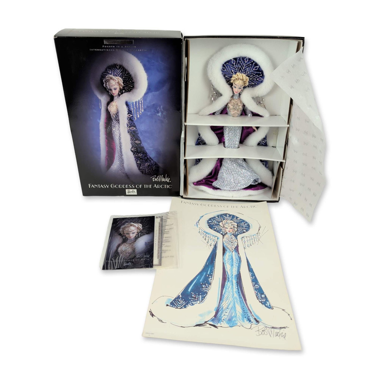 Bob Mackie Fantasy Goddess of the Arctic Barbie Doll: Mattel Bob Mackie Fantasy Goddess of the Arctic Barbie doll, 2001 release. Vinyl collectible doll featuring rooted blonde hair styled in crown braids with a beaded headpiece and fixed painted blue eye