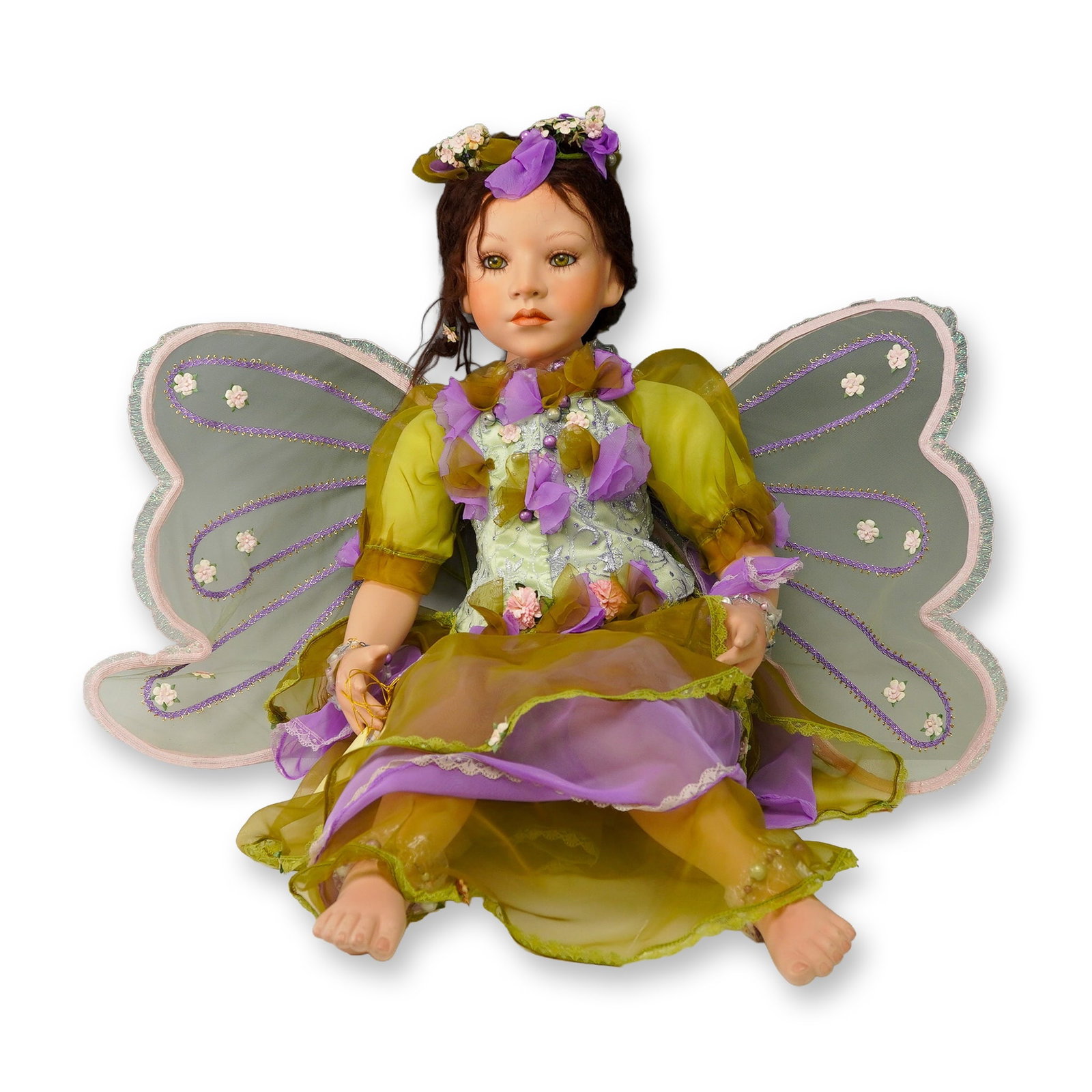 Three Hearts Porcelain Doll, Mackenzie from The Palmary Collection: This collectible fairy-themed porcelain doll named Mackenzie is from The Palmary Collection by NuArts Creation, Inc. She features a high-fire bisque porcelain head, hands, and feet, intricately hand-p