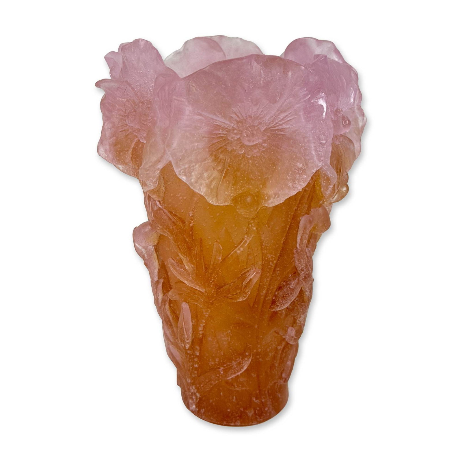 Daum Pate de Verre Hibiscus Vase: Hibiscus vase in pate de verre glass, featuring a tapered cylindrical form terminating in a flared rim composed of sculptural floral blossoms. The body is decorated with relief-molded stems and foliag
