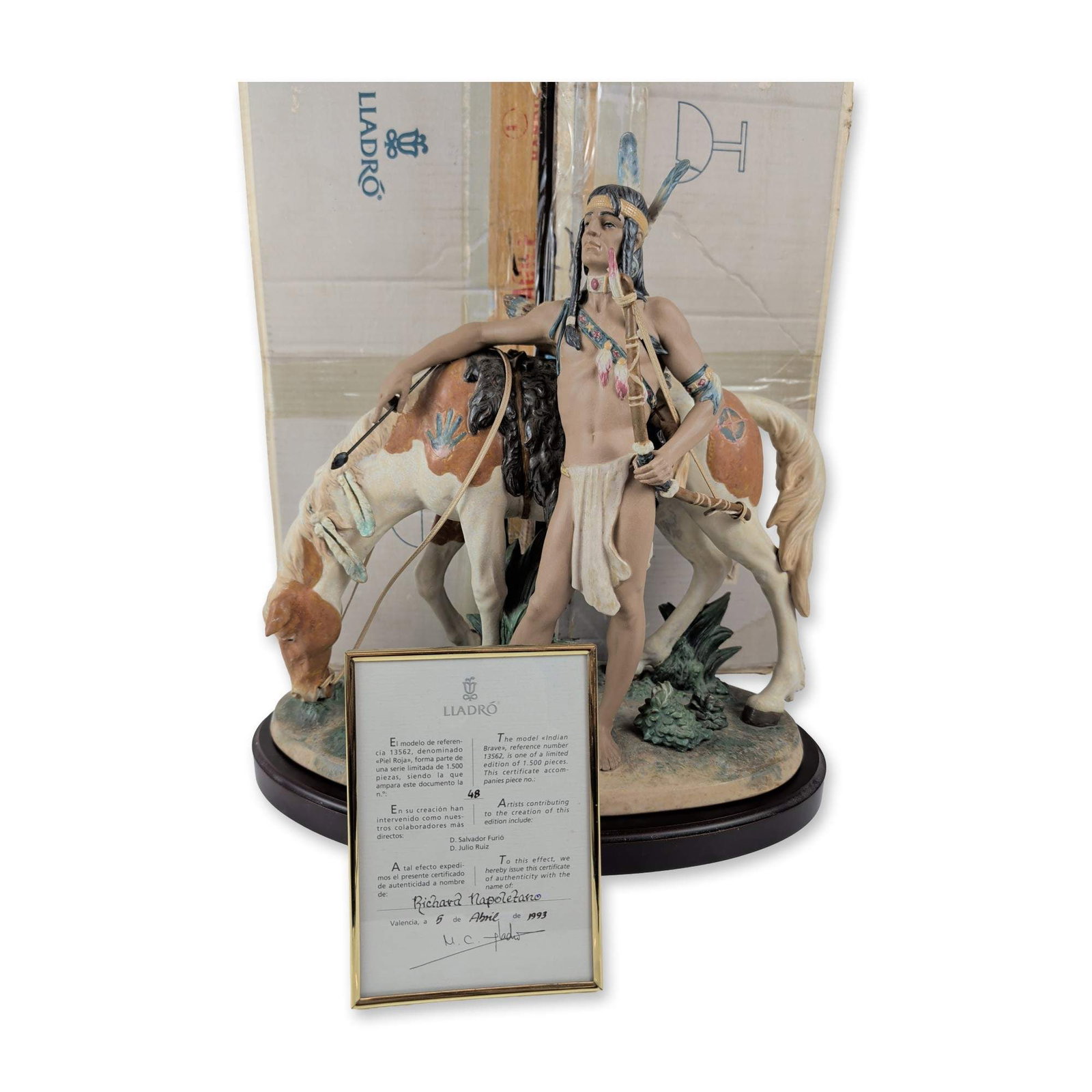 Lladro Porcelain Sculpture American West Collection Indian Brave 1013562: Made by hand in Valencia, Spain, this rare matte porcelain sculpture (item number 01013562) was sculpted by artist Salvador Furio and hand-painted by master decorator Julio Ruiz. The complex compositi