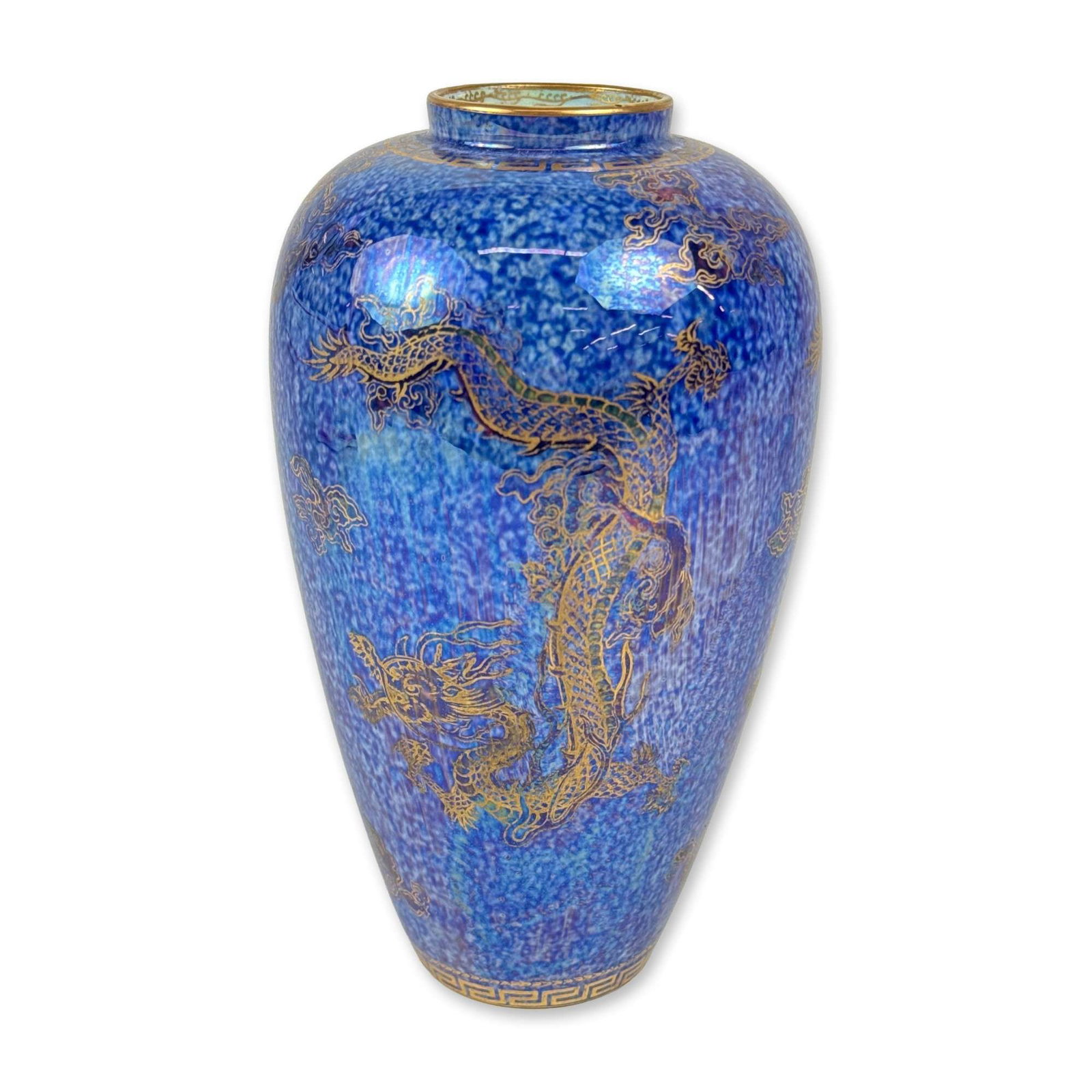 Wedgwood Dragon Lustre Porcelain Vase: Designed by Daisy Makeig-Jones. The exterior features a mottled powder blue glaze with an iridescent finish, decorated with gilt transfer-printed dragons, clouds, and flame motifs. The base is finishe