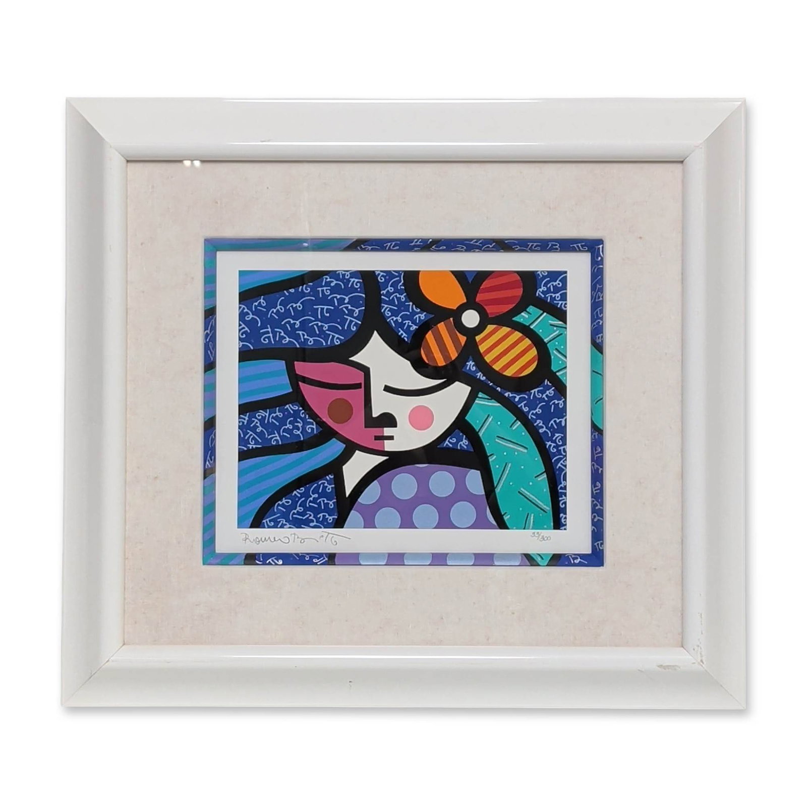 Romero Britto (Brazilian, b. 1963), Serigraph on Paper, Girl with Flower, Signed & Numbered: Romero Britto (Brazilian, b. 1963) serigraph on paper from The Girls series, titled Girl with Flower, featuring bold black outlines, vibrant fields of color, and repeating patterns including polka dot