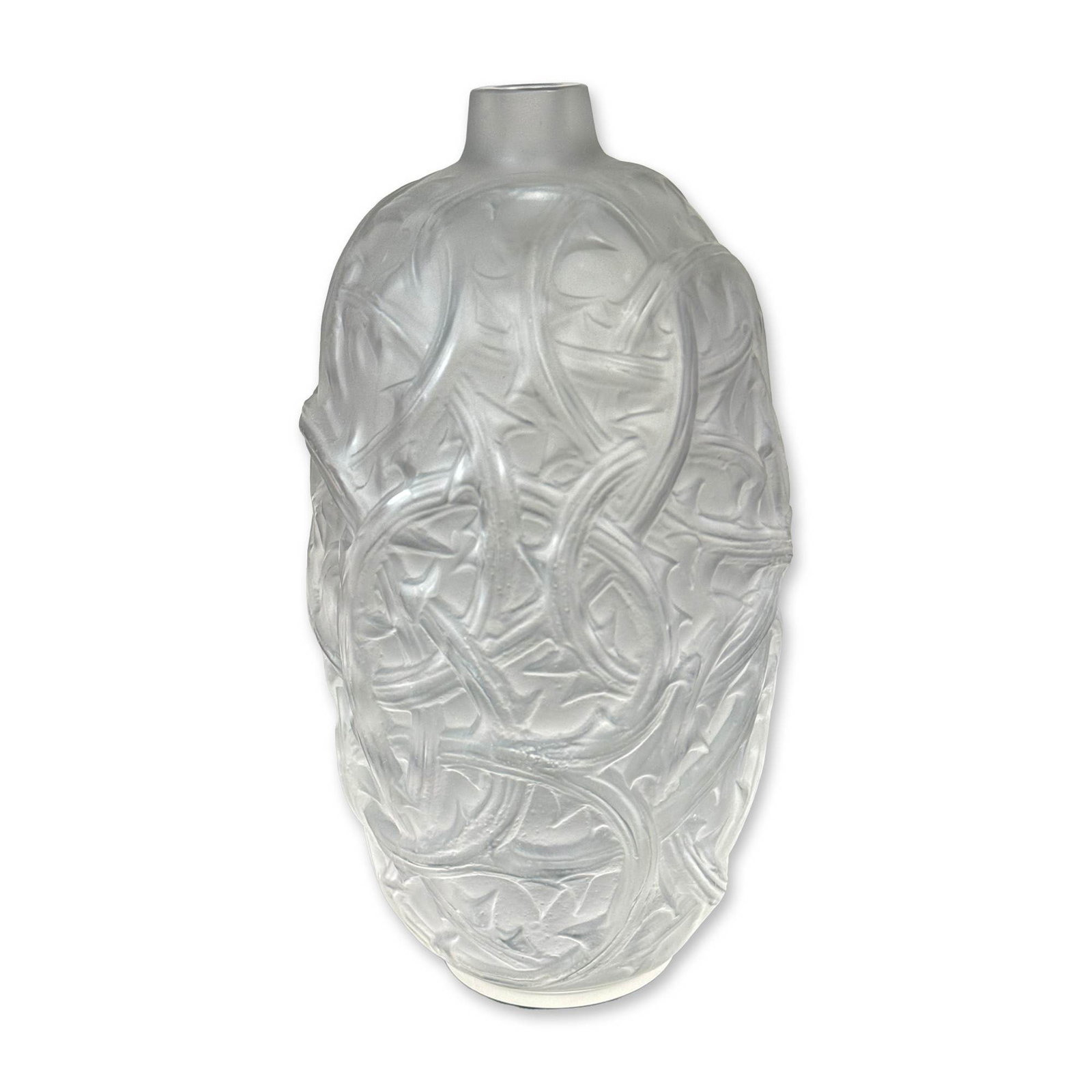 Rene Lalique French Frosted Glass Ronces Vase: Ovoid molded glass vessel featuring an all-over relief design of intertwined, thorny bramble stems with a characteristic satin-frosted finish. The vessel includes a short cylindrical neck and a slight