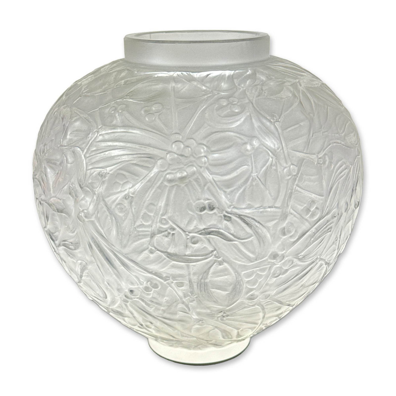Rene Lalique Opalescent Glass Gui Vase: A spherical boule form in mold-blown glass featuring an all-over relief pattern of mistletoe branches, leaves, and berry clusters. Executed in clear glass with blue opalescence and a frosted finish. M