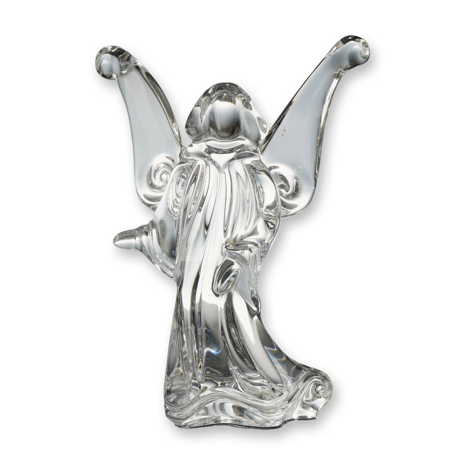 Baccarat Crystal Angel of Light Figurine, Signed by Jean Boggio: Baccarat clear lead crystal figurine titled Angel of Light, designed by artist Jean Boggio. The object is a stylized representation of an angel with uplifted wings and a draped, fluid form. The design