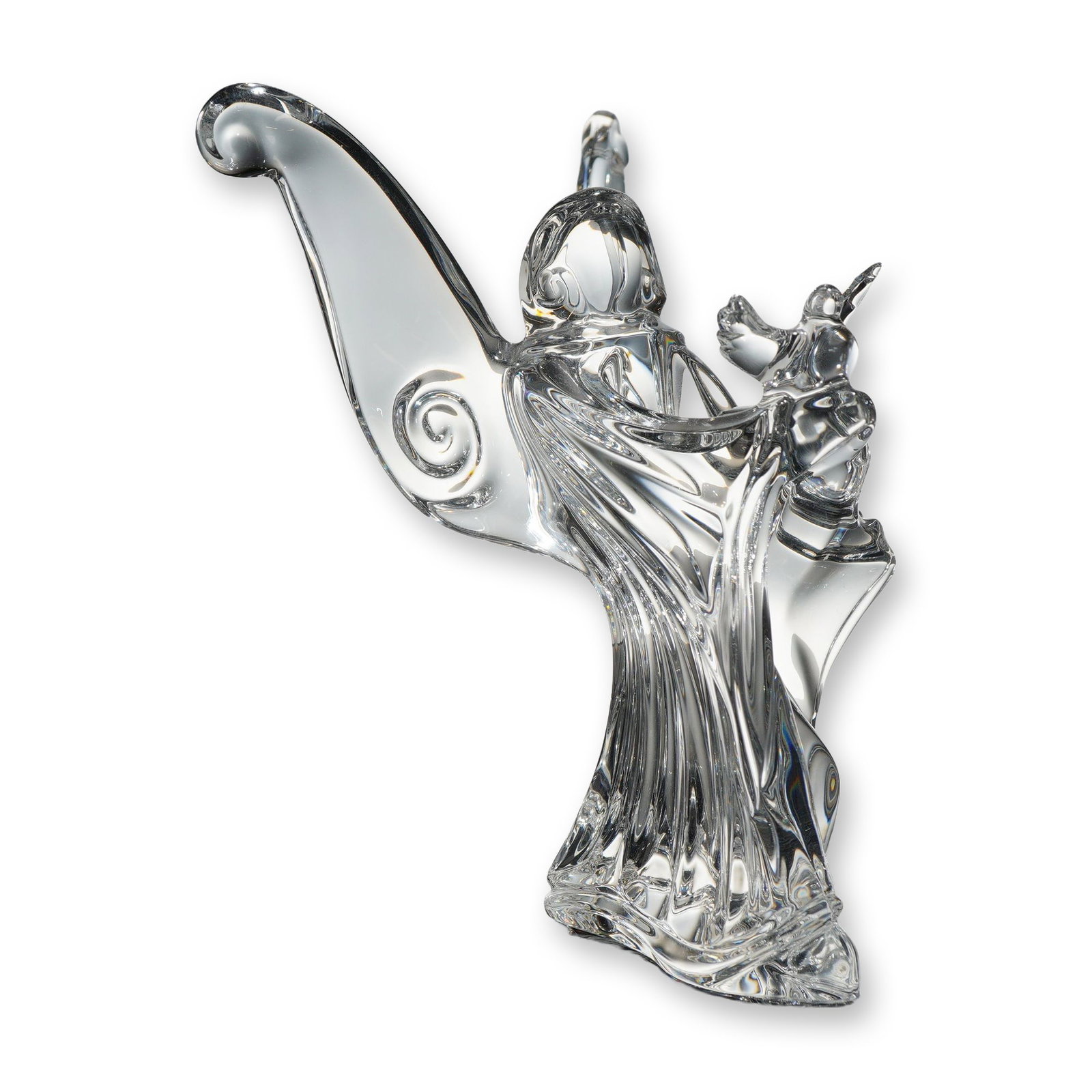 Baccarat Crystal Angel of Peace Figurine by Jean Boggio: This clear lead crystal figurine, known as the Angel of Peace, was designed by artist Jean Boggio for Baccarat. The piece features a stylized angel in flowing robes, cradling a dove in its hands. The 