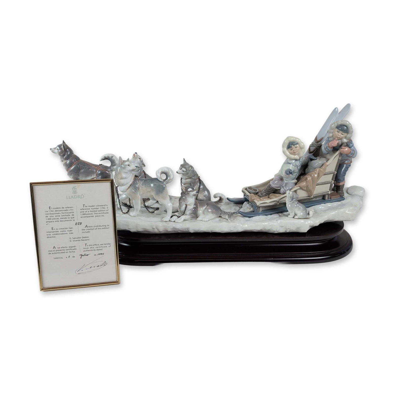 Lladro Porcelain Sculpture Onward 1001742: Made by hand in Valencia, Spain, this monumental glazed porcelain sculptural group (item number 01001742) was designed by master sculptor Salvador Debon and hand-decorated by artisan V. Navarro. Issue