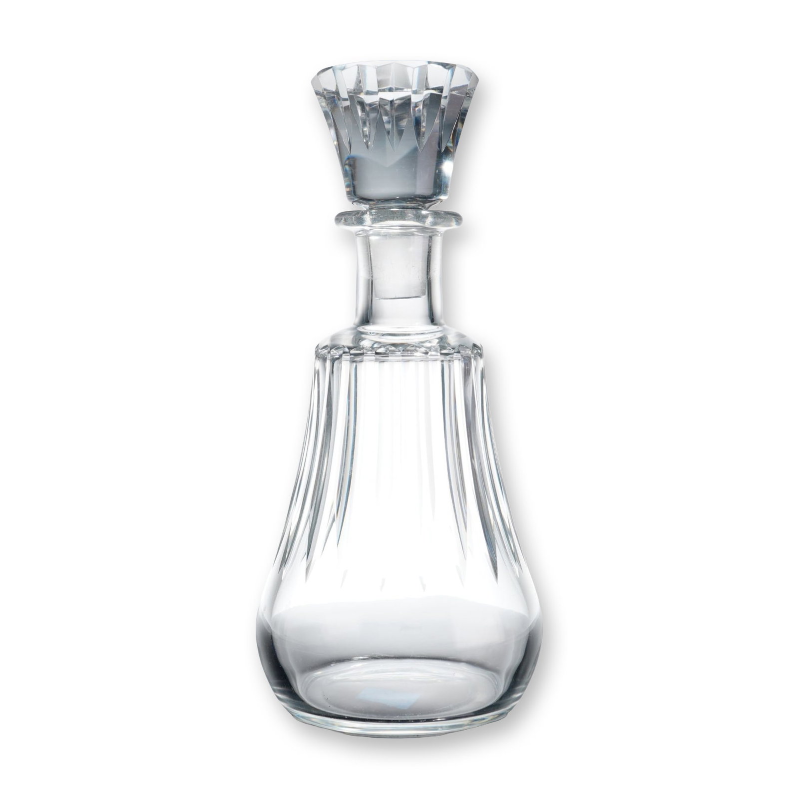 Baccarat French Cut Crystal Decanter with Stopper, Cote D'Azur: This Baccarat Cote d'Azur decanter and stopper set is crafted in cut lead crystal. The decanter features a tapered body with wide vertical facets and a faceted neck, and it is completed by a heavy coo