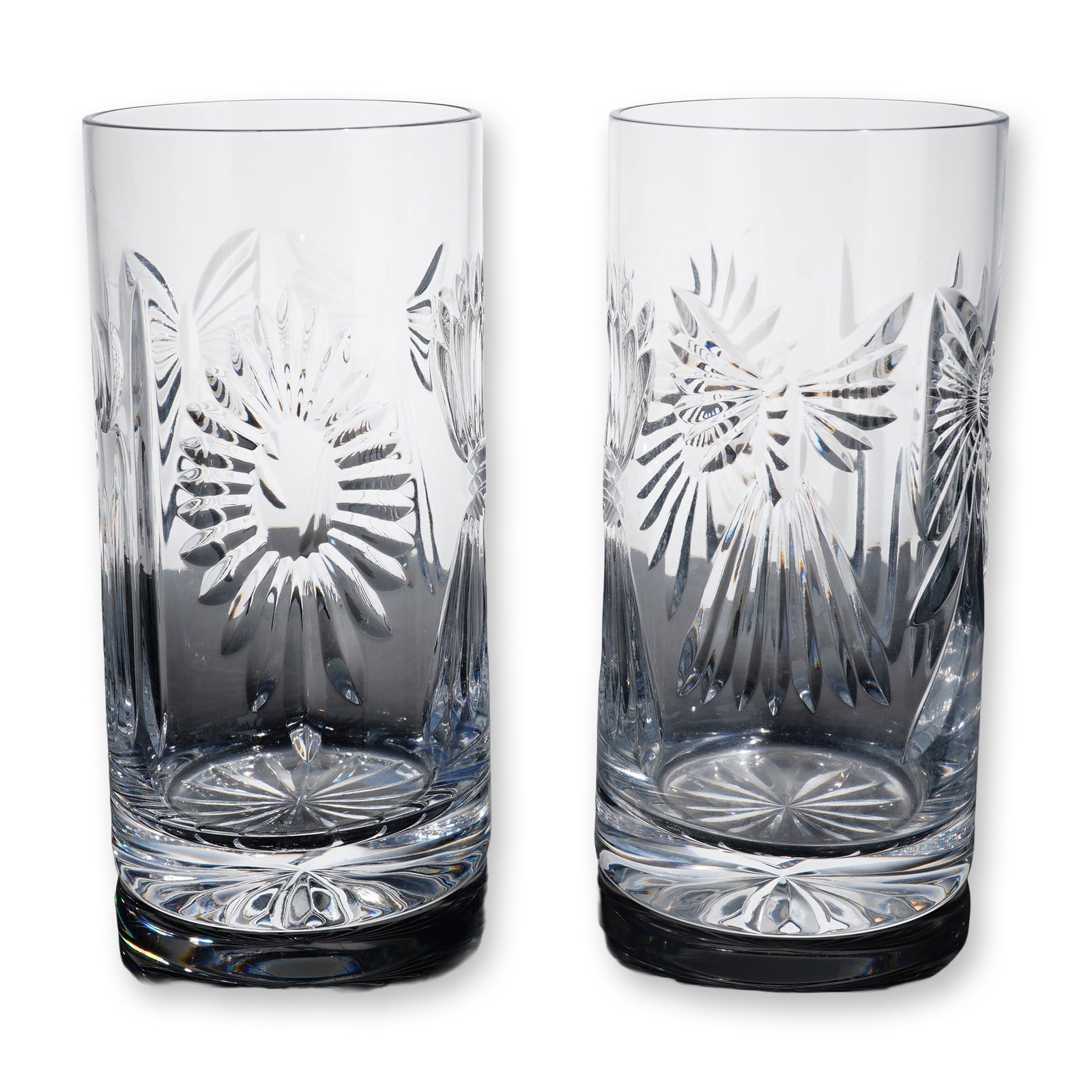 Pair of Waterford Millennium Series Crystal Highball Glasses: Waterford Crystal Millennium Series highball glasses in cut lead crystal. The tumblers feature deeply cut decorative motifs representing the Millennium toasts, including the butterfly, starburst, and