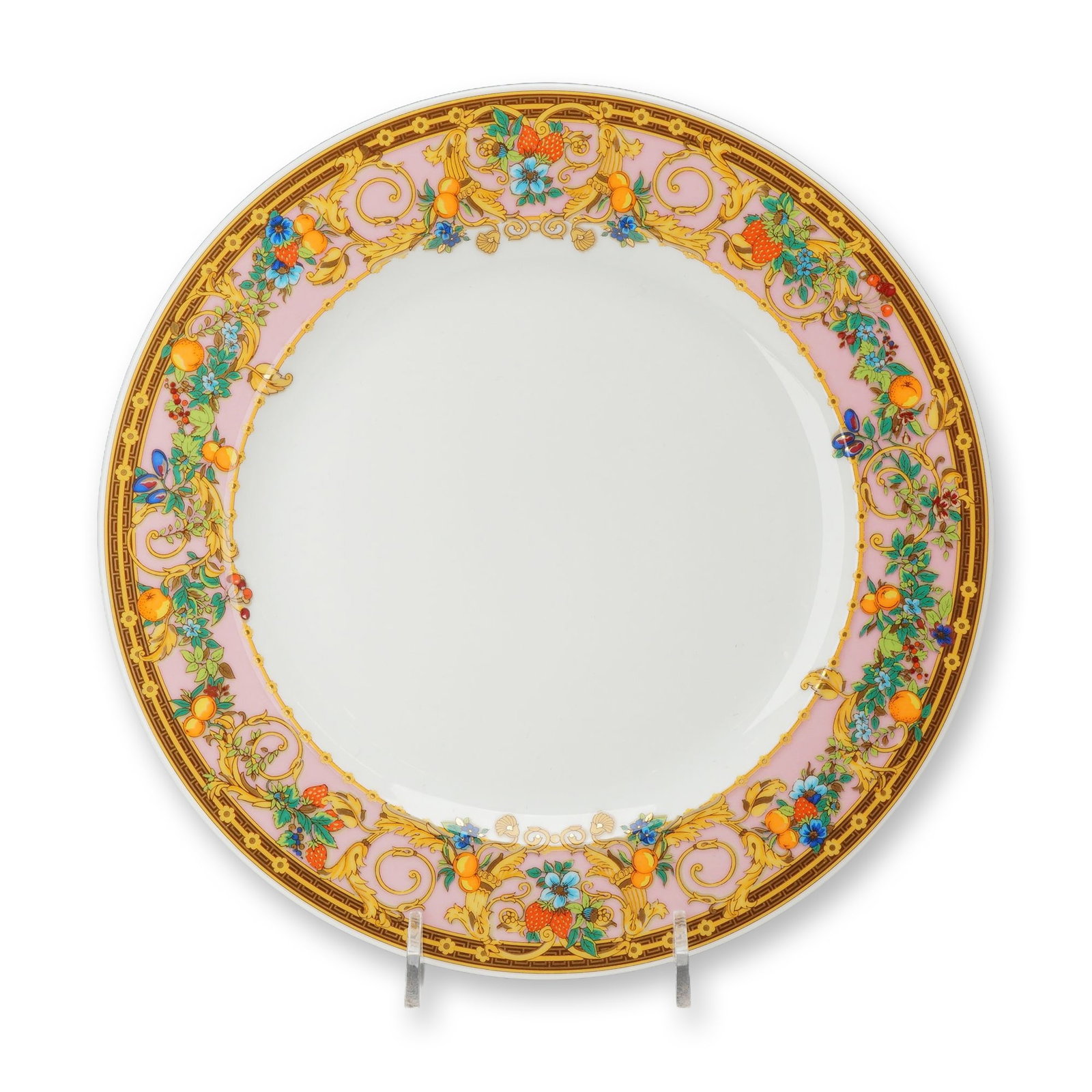 Rosenthal Versace Le Jardin Porcelain Dessert Plate: Rosenthal for Versace. Porcelain salad or dessert plate in the Le Jardin de Versace pattern, featuring a wide pink border decorated with neoclassical scrolling foliage, summer fruits including strawbe