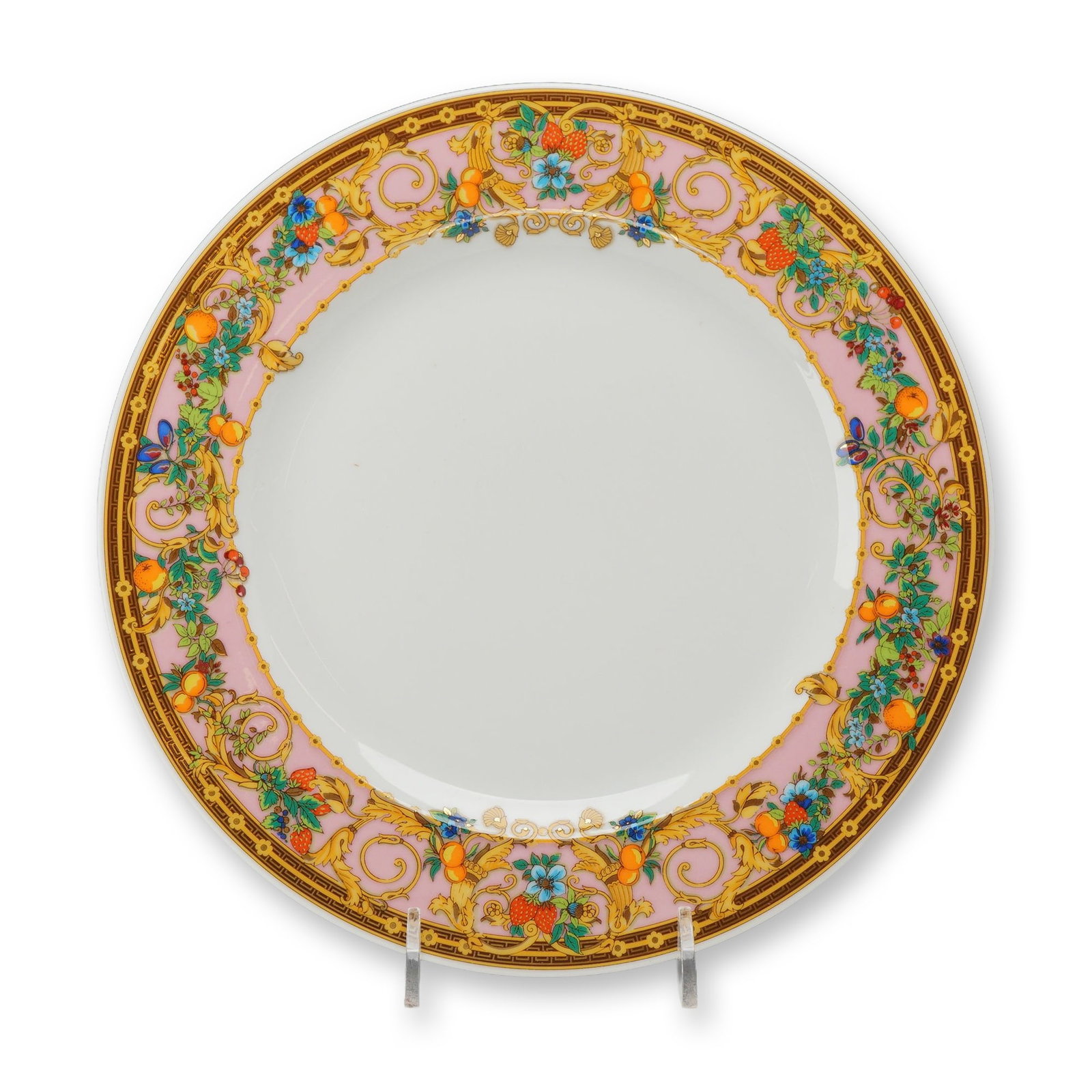 Rosenthal Versace Le Jardin Porcelain Salad Plate: Rosenthal for Versace porcelain salad or dessert plate in the Le Jardin de Versace pattern. Featuring a wide pale pink border decorated with colorful floral sprays, butterflies, strawberries, and citr
