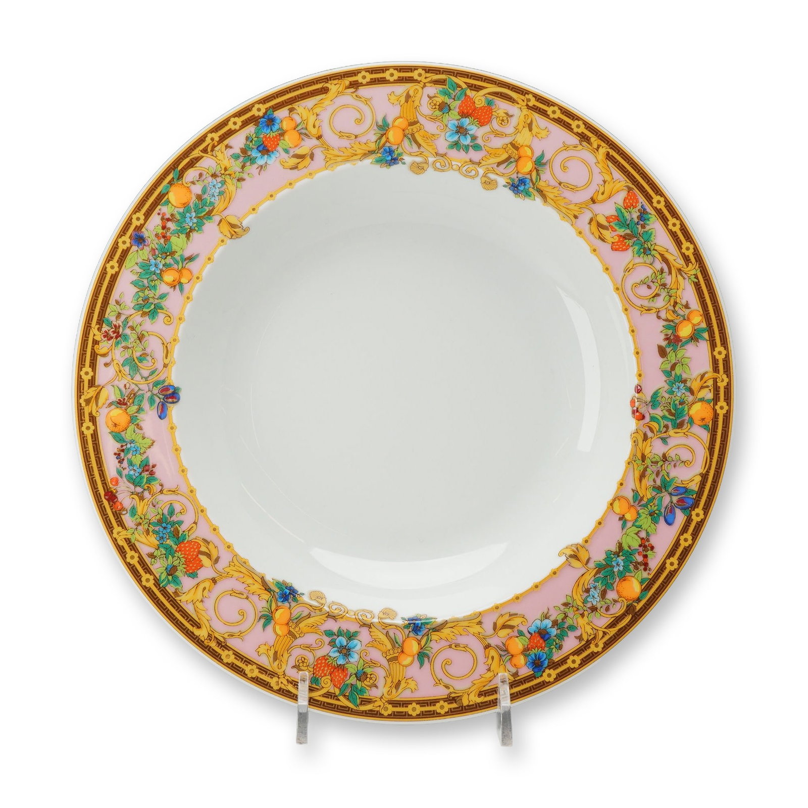 Versace Rosenthal Le Jardin de Versace Porcelain Soup Bowl: Rosenthal for Versace. Rimmed soup bowl in fine porcelain, decorated in the Le Jardin de Versace pattern. The design features a wide border with a pastel pink ground, polychrome fruit and floral motif