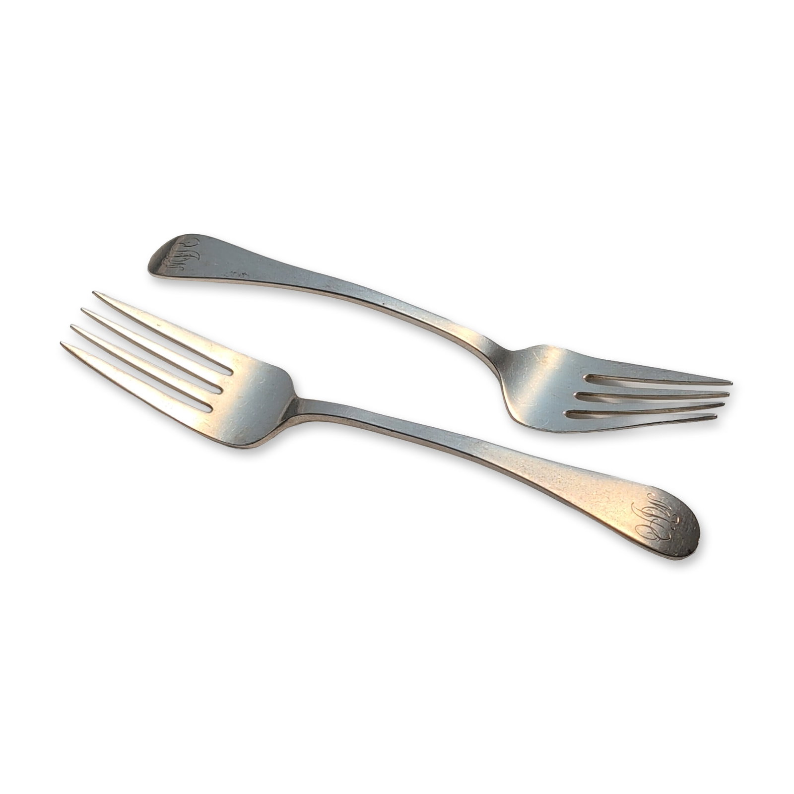 2pc Tuttle Silver Company Sterling Silver Salad Forks, Hannah Hull: Pair of salad forks in solid sterling silver, featuring a classic pattern with plain handles. The front of each handle is engraved with an interlaced script monogram. The reverse bears Tuttle Silver C