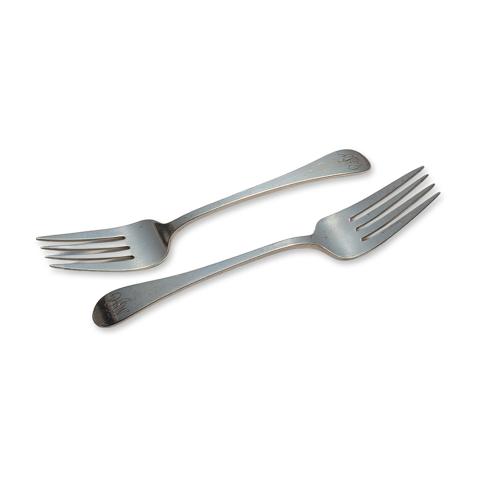2pc Tuttle Silver Company Sterling Silver Salad Forks, Hannah Hull: A pair of salad forks crafted in solid sterling silver, designed in a classic pattern with smooth, plain handles. Each handle is engraved on the front with an interlaced script monogram. The reverse i