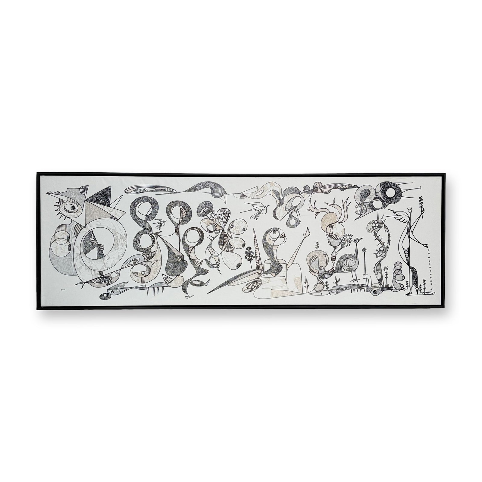 Alfonso Rendon aka Masplata (Panamanian, 1957 - 2025), Mixed Media on Canvas, Birds-Angels-Forms: This large format piece includes a the spiritual world of divine entities by Masplata, including his signature dove. This world requires the viewers time and attention to slowly digest each hand drawn