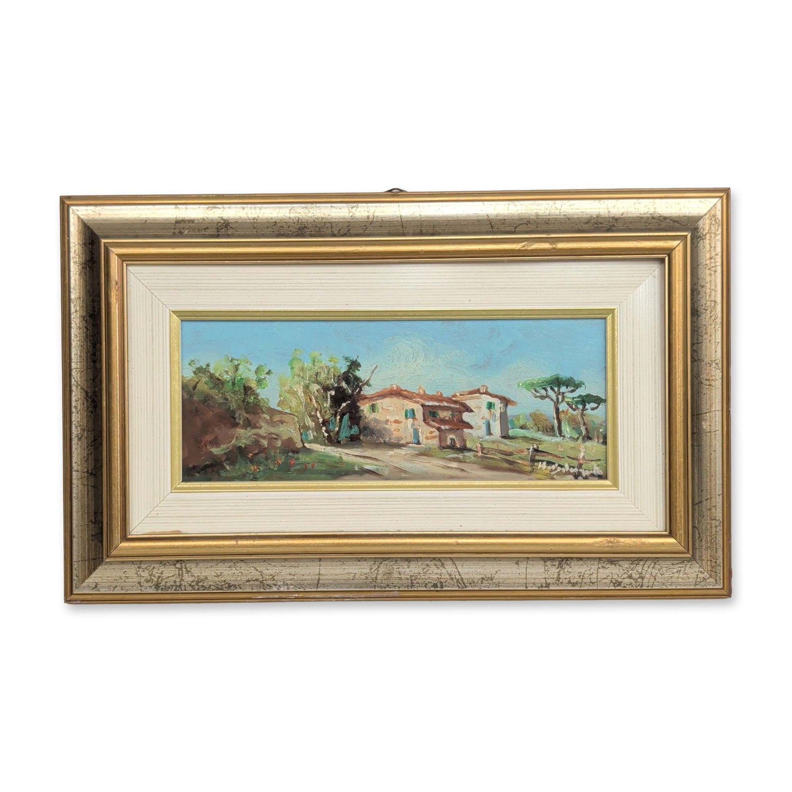 Oil on Board, Mediterranean Village Landscape, Signed: Oil on board landscape painting depicting a Mediterranean village scene with white-washed buildings and colorful shutters. The work features a pale blue sky and expressive, textured brushwork with imp