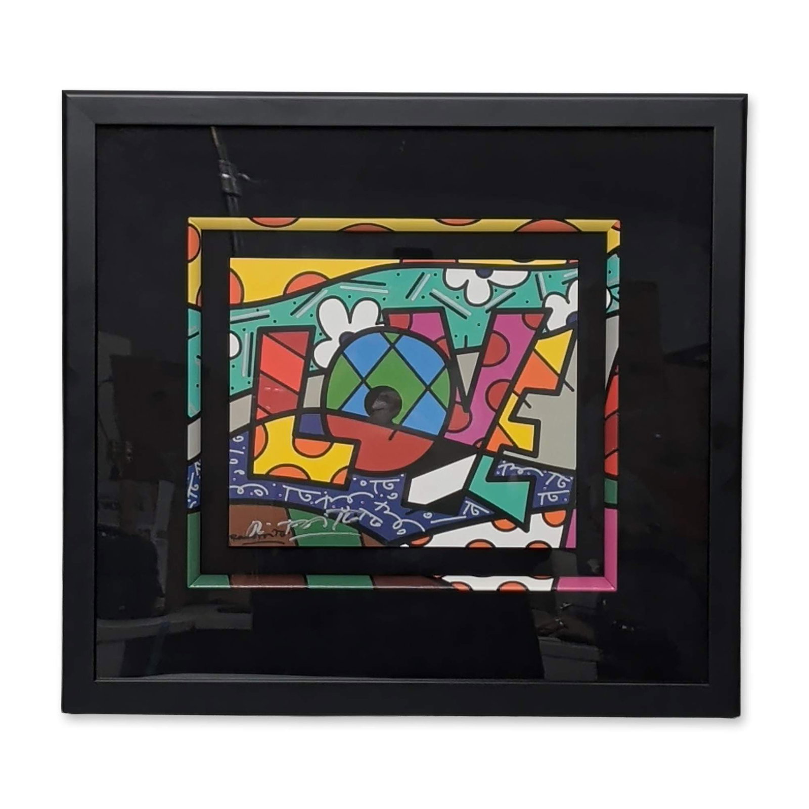 Romero Britto (Brazilian, b. 1963), Screenprint on Paper, Love, Signed: Romero Britto (Brazilian, b. 1963) screenprint on paper titled Love in the artist's signature Neo-Pop style, featuring a vibrant abstract composition with characteristic patterns of polka dots and str