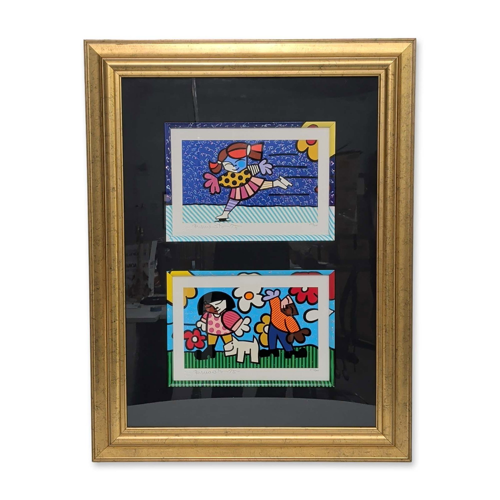 Romero Britto (Brazilian, b. 1963), Serigraphs on Paper, Seasons of Miracles Diptych, Signed &: Romero Britto (Brazilian, b. 1963) pair of serigraphs on paper with glitter accents from the Seasons of Miracles suite featuring Neo-Pop figures and floral patterns in saturated colors. One compositio