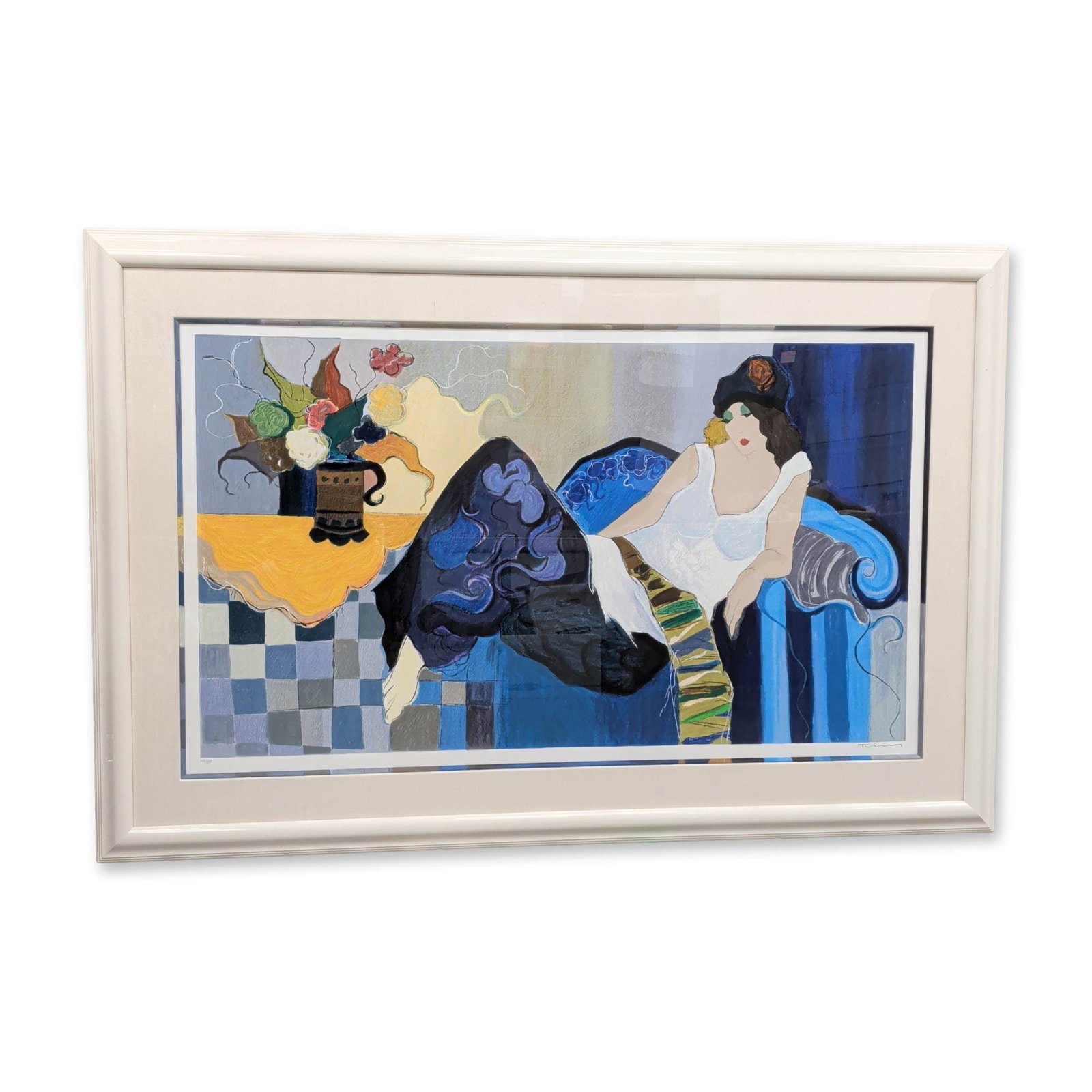 Itzchak Tarkay (Israeli, 1935-2012), Serigraph on Paper, La Fiancee, Signed & Numbered: Itzchak Tarkay (Israeli, 1935-2012) color serigraph on paper titled La Fiancee, depicting a stylized reclining female figure in a white top and patterned trousers. The composition includes a floral st