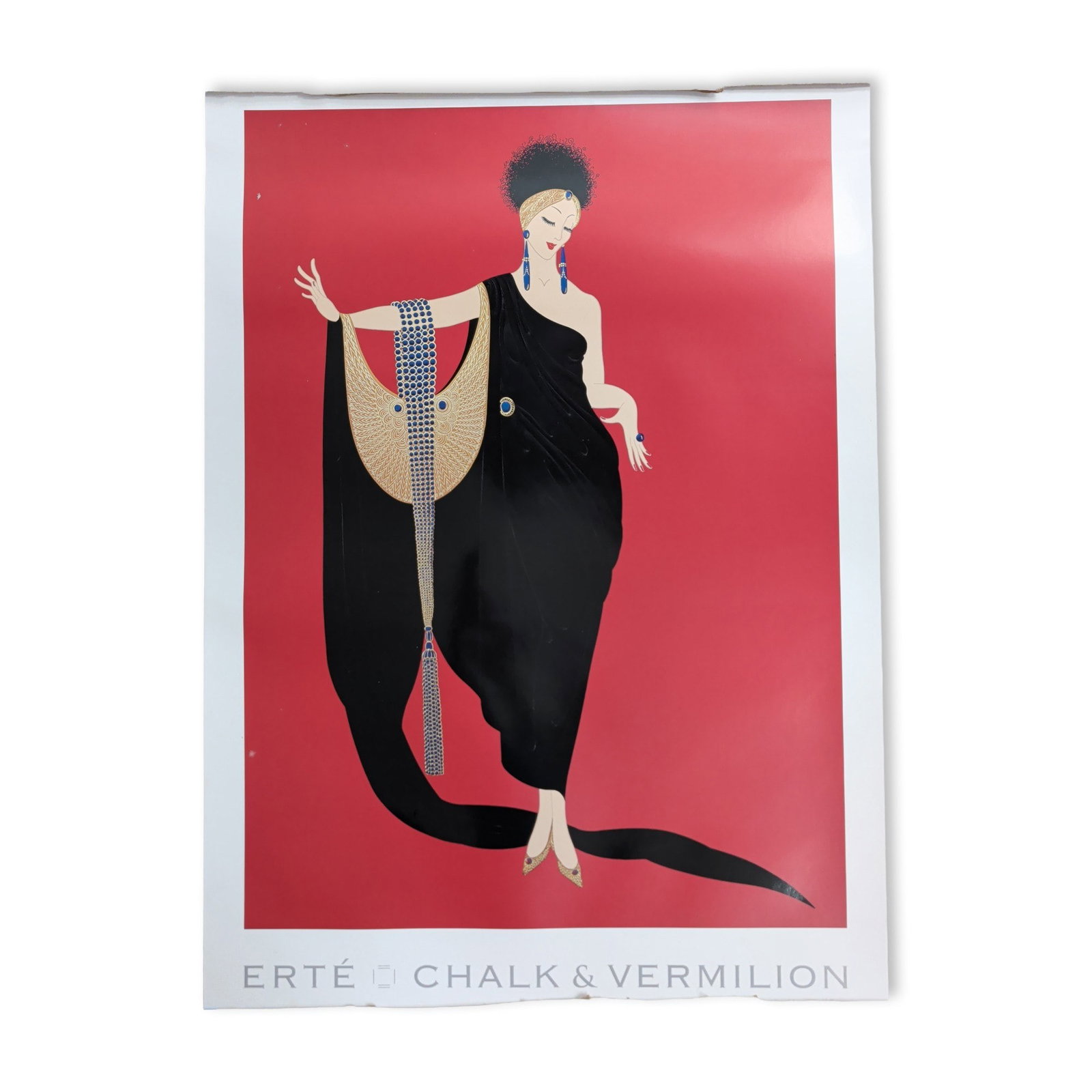 Erte (Romain de Tirtoff) (Russian French 1892-1990) Glamour Art Deco Offset Lithograph: Erte (Romain de Tirtoff) Poster titled Glamour CHALK and VERMILION, produced in the Art Deco style. Offset lithograph on heavy paper stock featuring metallic gold and silver accents. The composition d