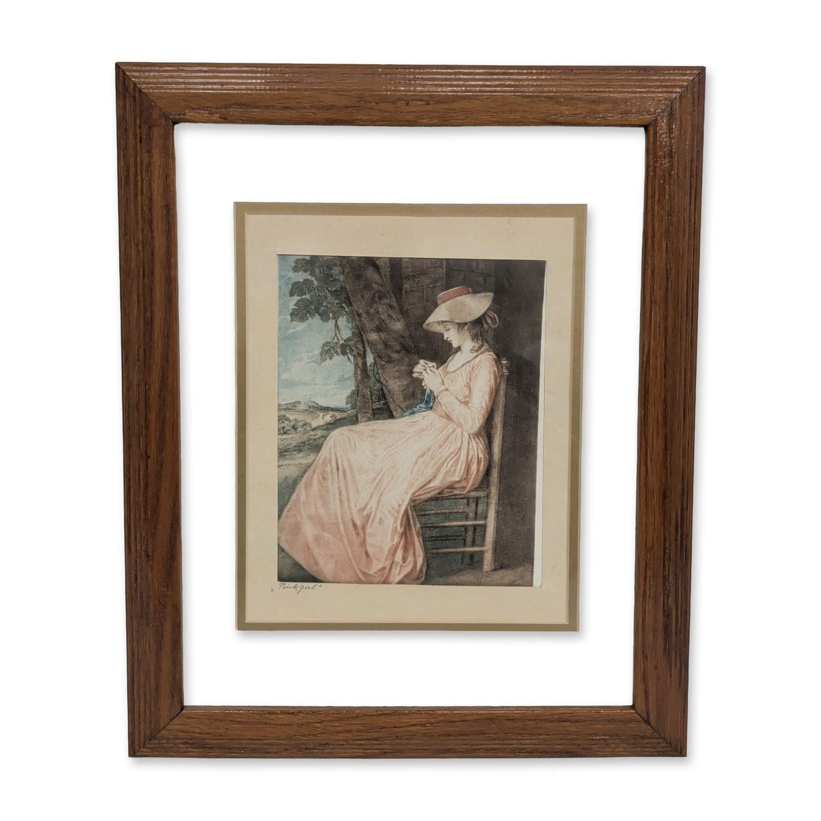 After George Romney (British 1734-1802) The Seamstress, Print on Fabric: Print on fabric after the The Seamstress by George Romney. The composition depicts a young woman in Regency-era attire including a pink dress and wide-brimmed bonnet. Inscribed in pencil to the lower 