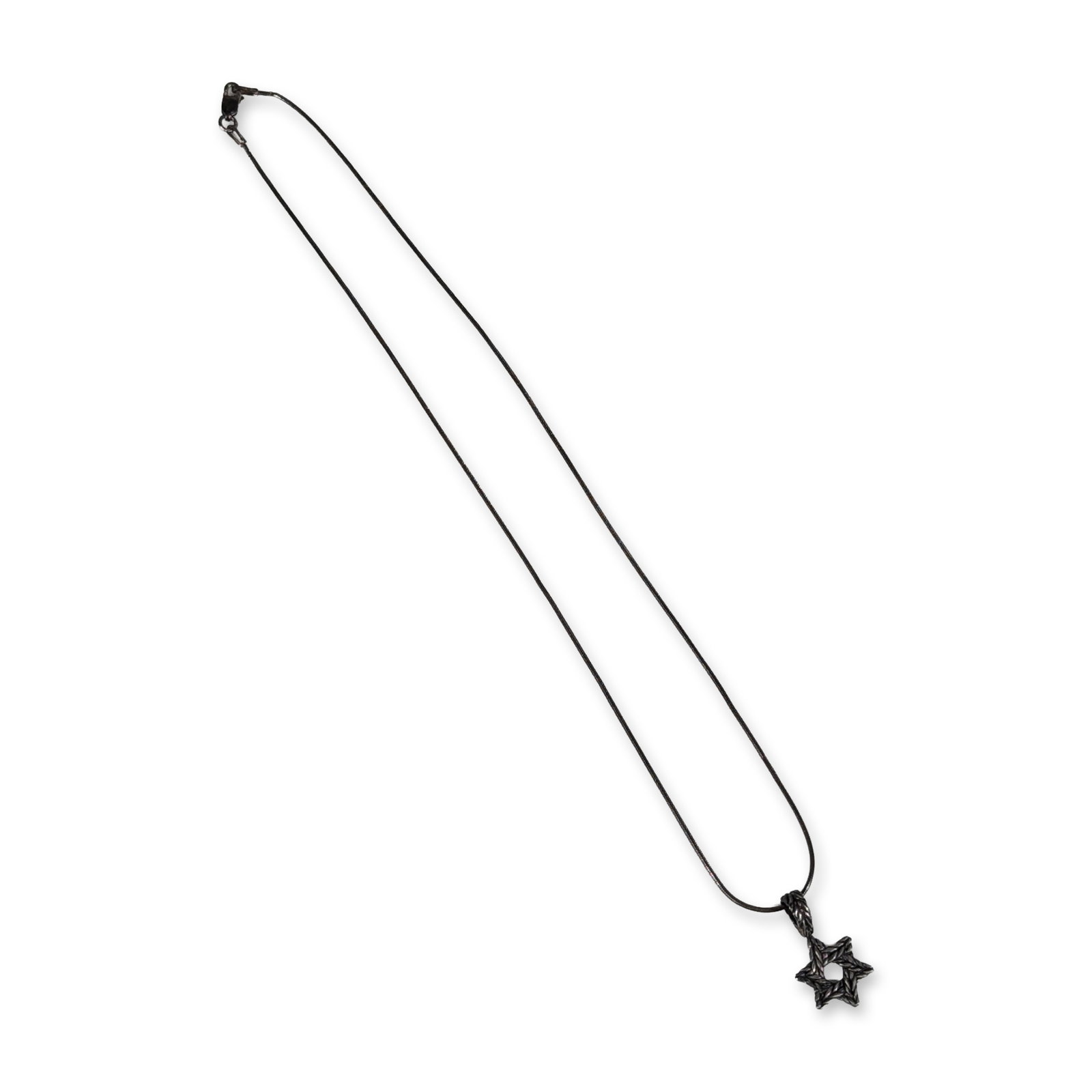 Italian Sterling Silver Star of David Necklace: Italian sterling silver pendant necklace featuring a six-pointed Star of David with an open center and textured foliate design. The pendant is suspended from a matching textured bail on a fine snake c