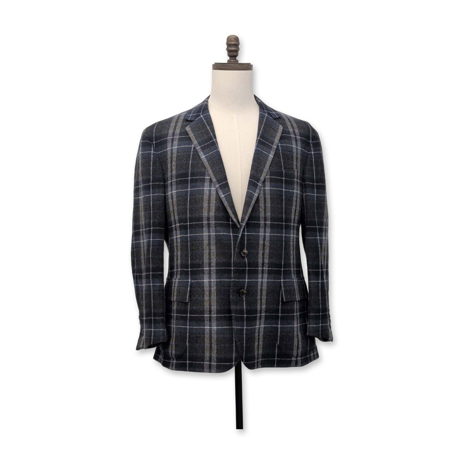 Ralph Lauren Purple Label Cashmere Windowpane Sport Coat: Ralph Lauren Purple Label sport coat in 100% cashmere, featuring a navy blue and grey windowpane plaid pattern. Hand-tailored construction in Italy with notched lapels, two-button front closure, welte