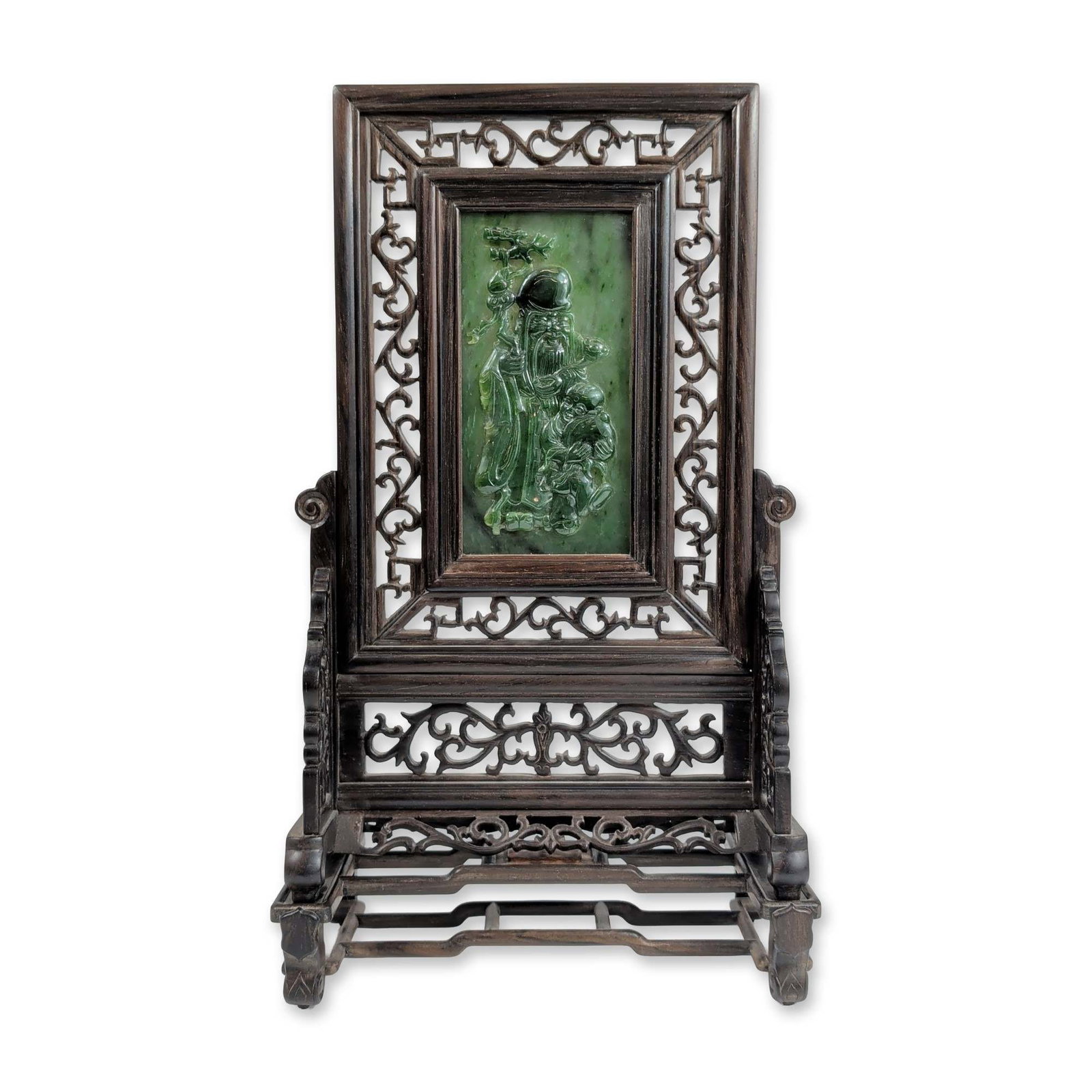 Chinese Spinach Jade and Hardwood Table Screen on Stand (1 of 4)