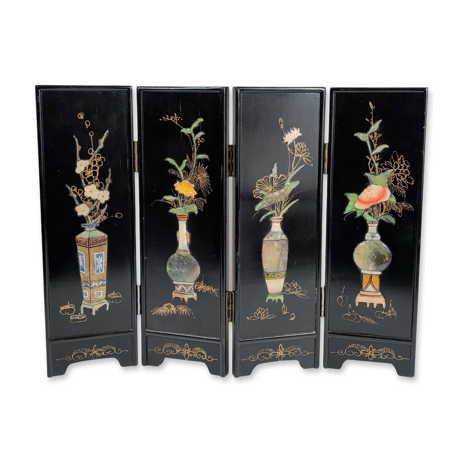 Chinese Four-Panel Lacquer and Hardstone Table Screen (1 of 7)