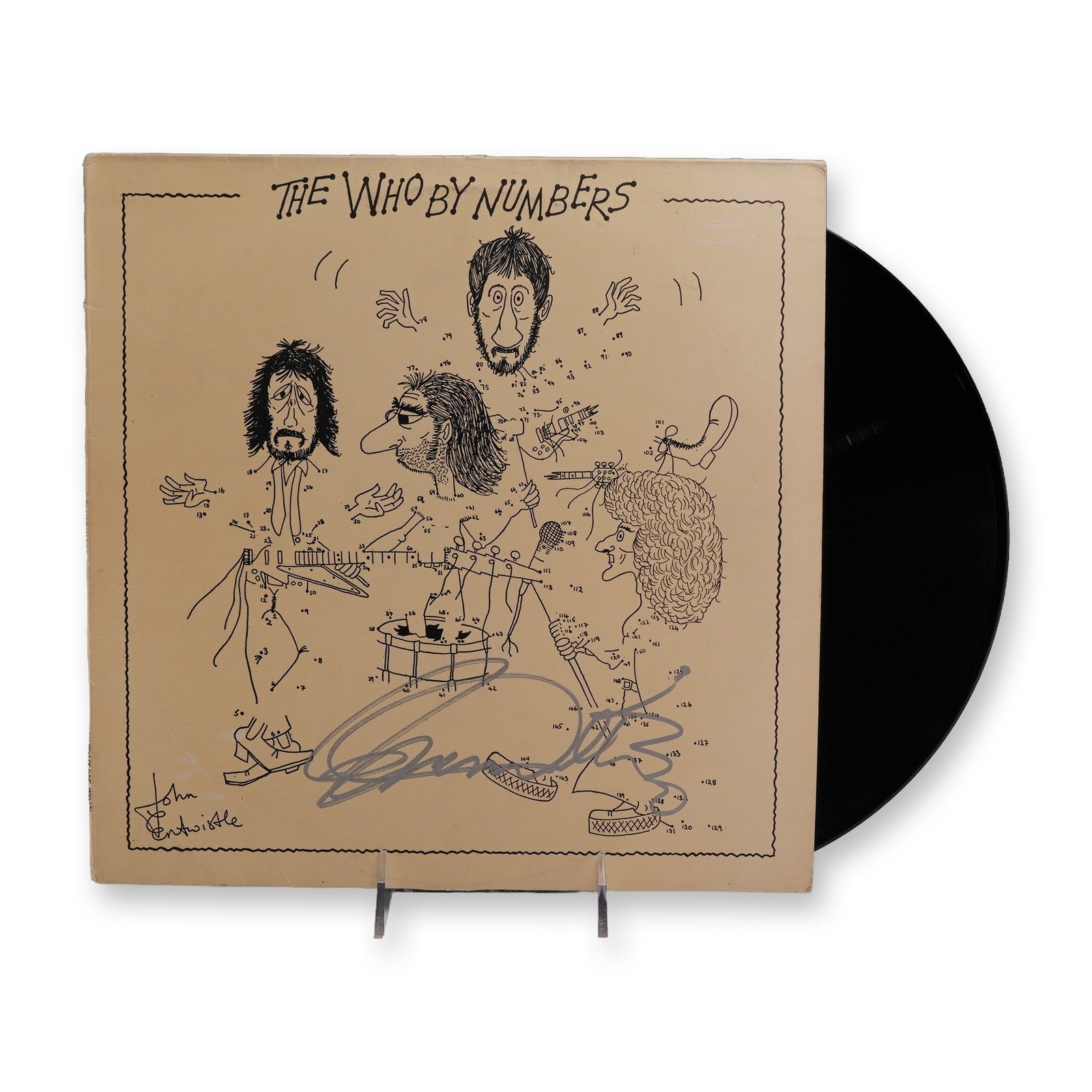 Roger Daltrey Signed The Who By Numbers Vinyl LP: The Who, The Who By Numbers studio vinyl record album, 1975 UK pressing on the Polydor label. The front cover features connect-the-dots caricature art by John Entwistle and is hand-signed by lead voca