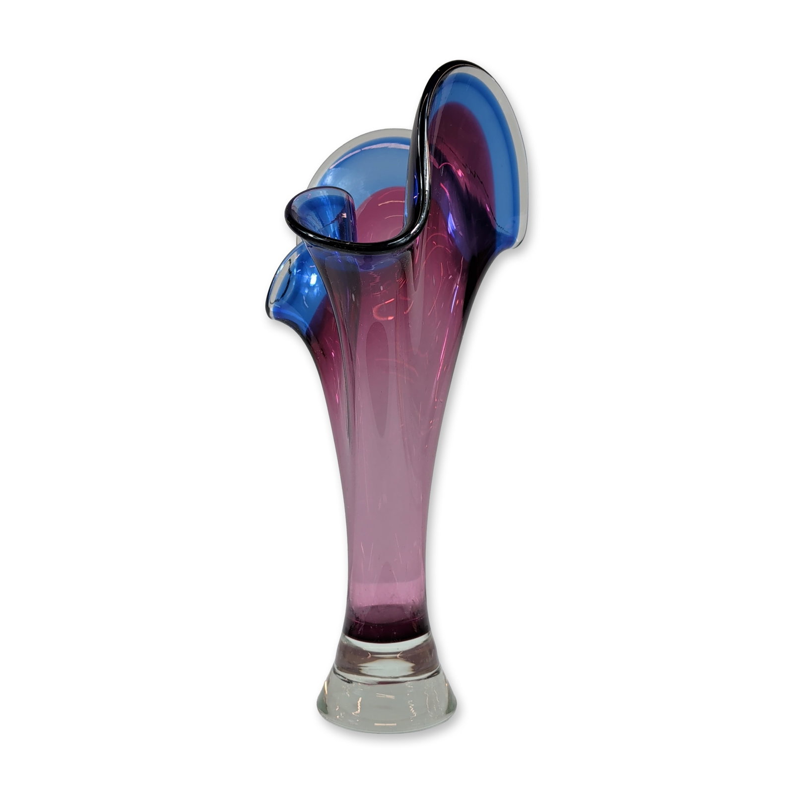 Murano Amethyst and Blue Art Glass Vase: Mid-century modern style hand-blown art glass vase featuring a free-form four-lobed fingered rim design. The piece is composed of transparent amethyst glass transitioning to a cobalt blue border along